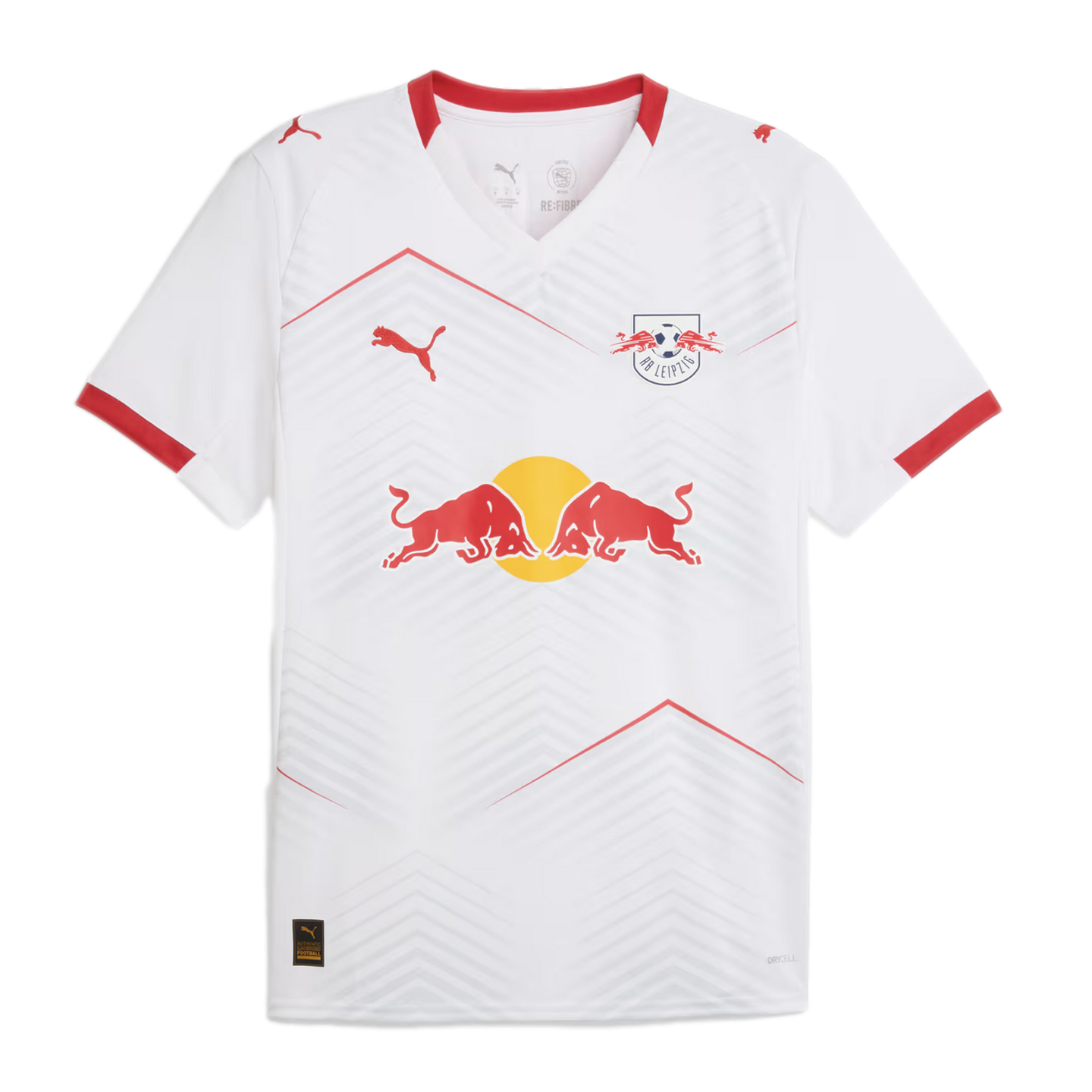 White Puma RB Leipzig home jersey featuring red trim, a central Red Bull logo, and subtle gray chevron patterns across the front.