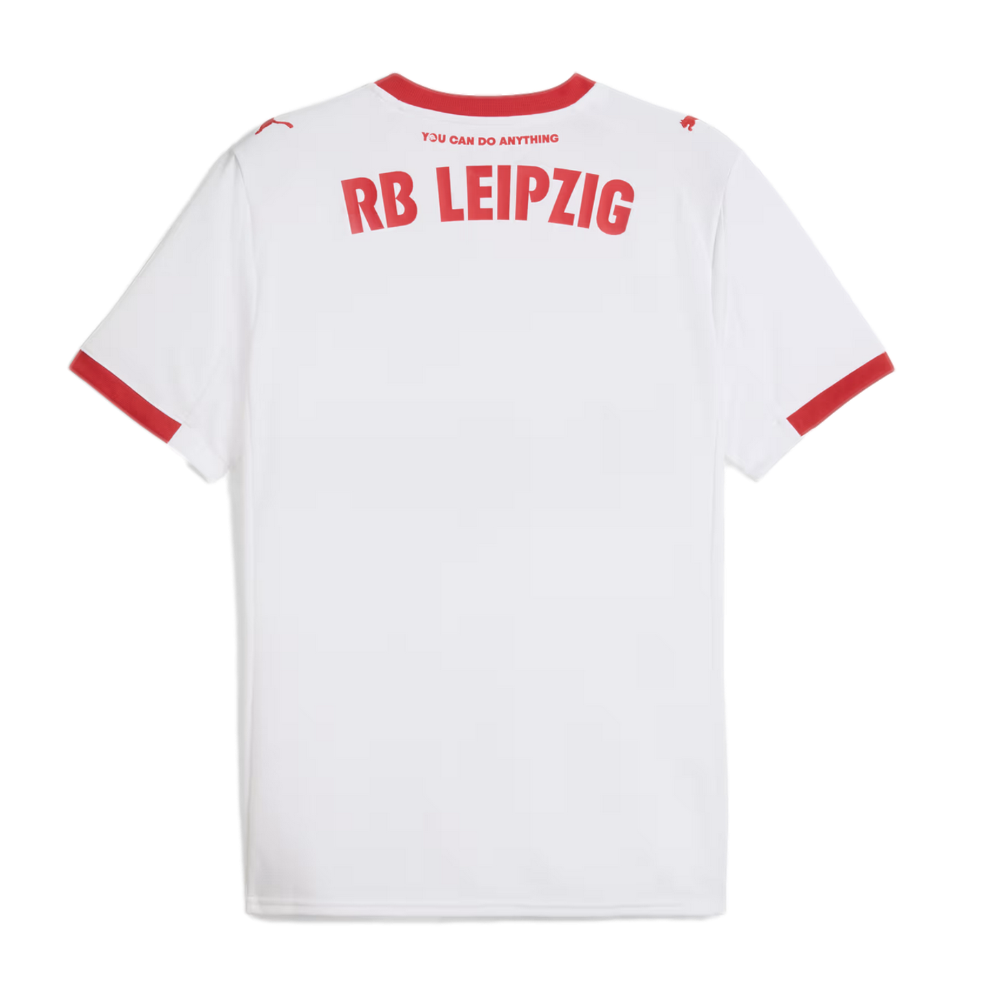 Back of a white RB Leipzig soccer jersey with red trim and lettering. Features "YOU CAN DO ANYTHING" and "RB LEIPZIG" in red, and red Puma logos on the shoulders.