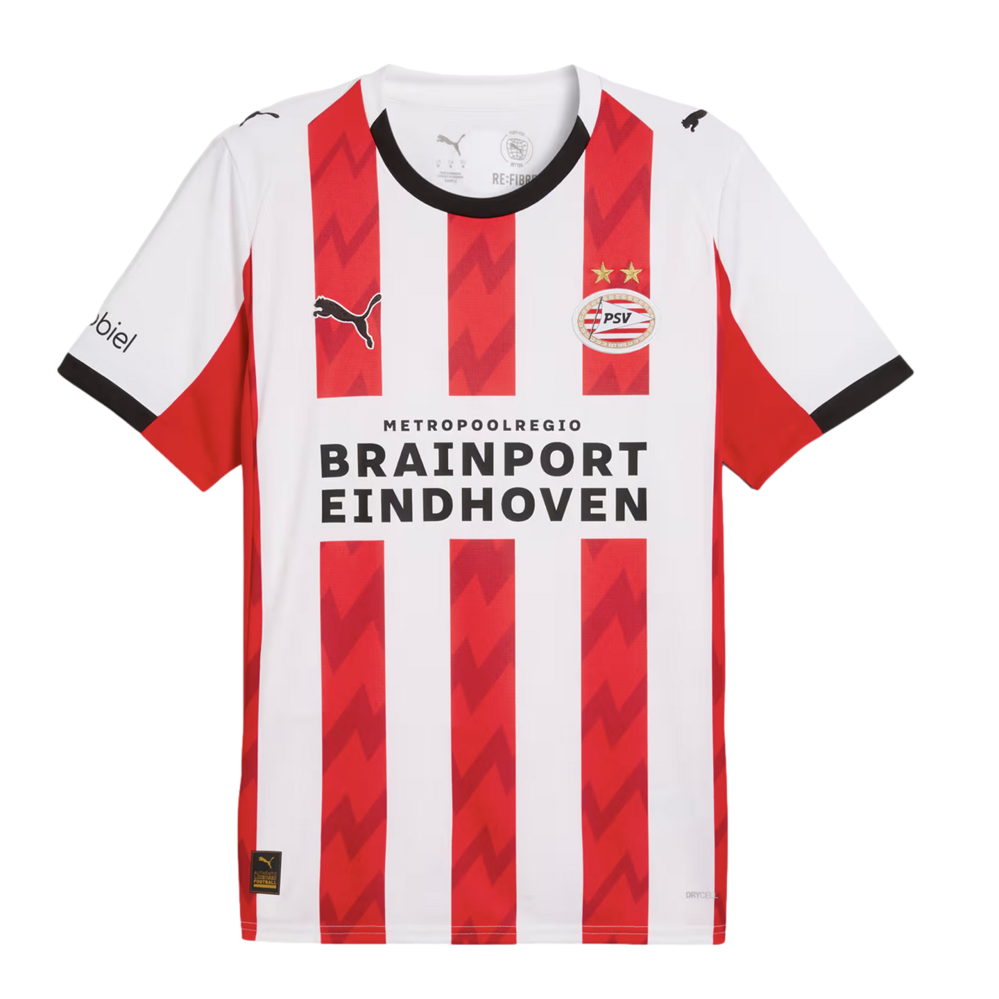 Red and white striped PSV Eindhoven home jersey by Puma. Features a zig-zag pattern in the stripes, team crest, and "Brainport Eindhoven" sponsor text across the center.