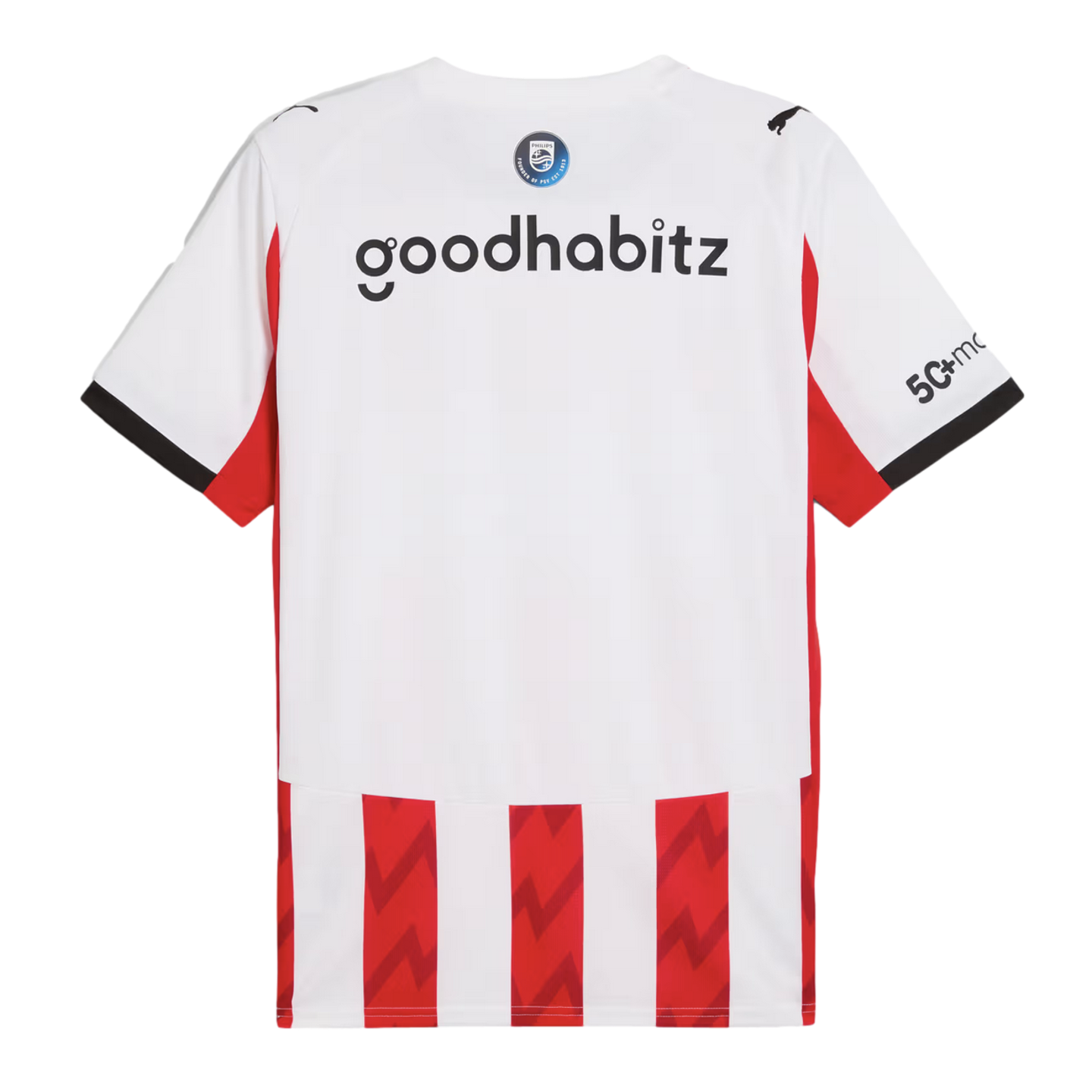Back view of a white soccer jersey with red and white vertical stripes at the bottom and "goodhabitz" text across the back.