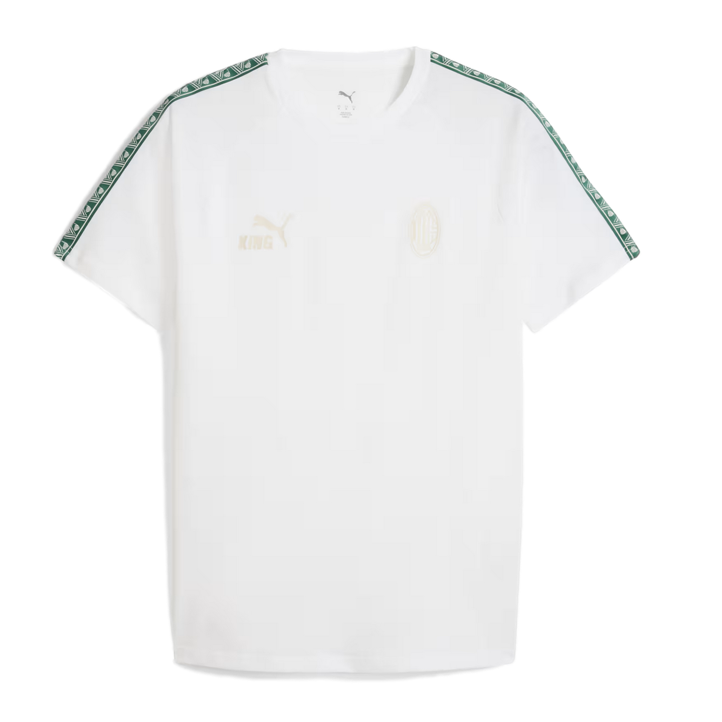 White Puma T-shirt featuring faint gold "KING" and AC Milan logos on the chest, with green and white patterned tape along the shoulders and sleeves.