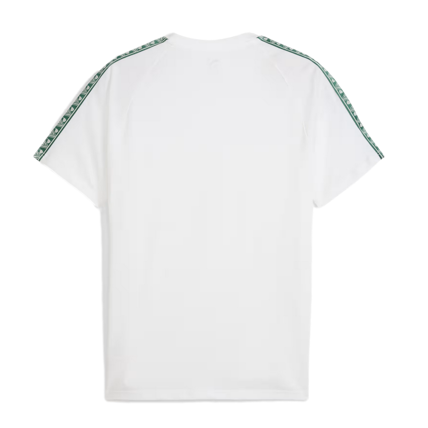 Back view of a white short-sleeve T-shirt featuring green patterned tape along the shoulders and sleeves.