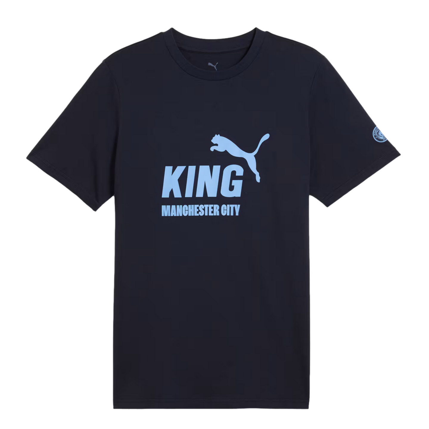 Navy blue Puma t-shirt with a light blue "KING MANCHESTER CITY" graphic and puma logo on the front. A small club crest is on the left sleeve.