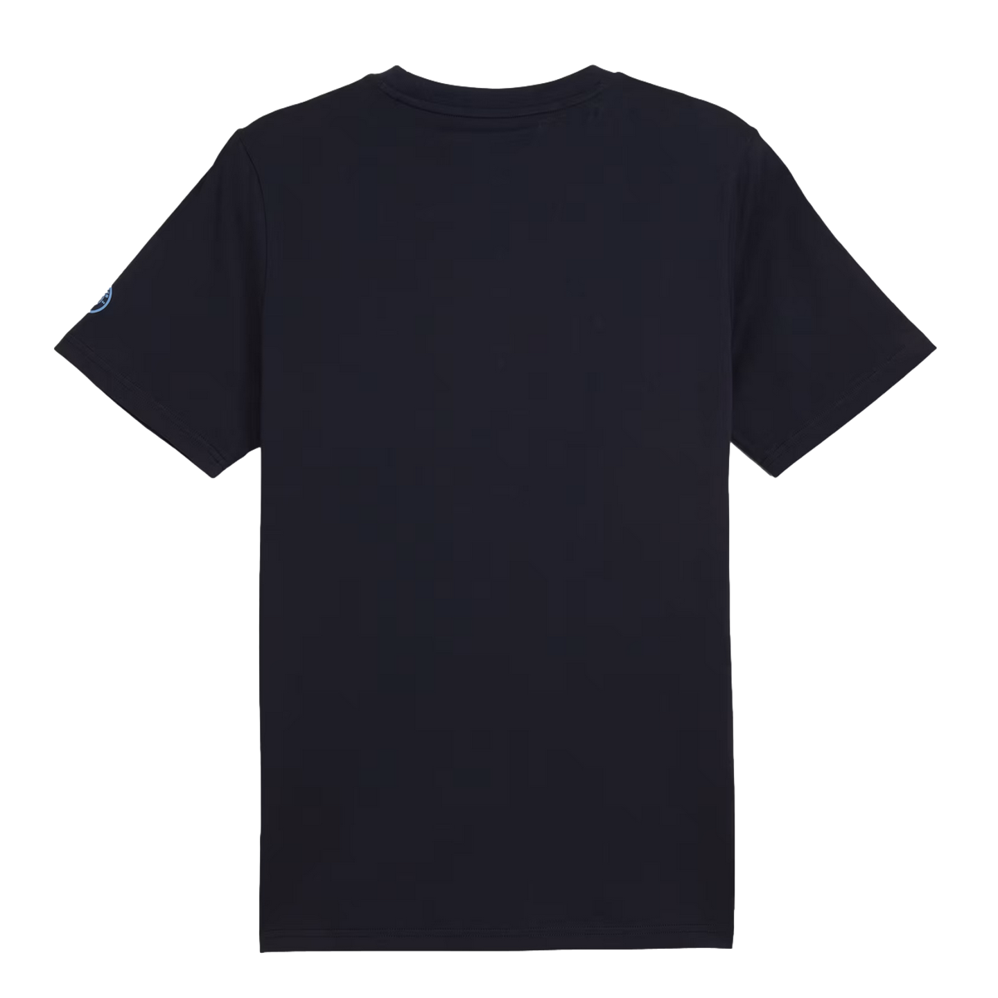 Back view of a dark navy blue short-sleeved crew-neck t-shirt with a small light blue circular logo on the left sleeve.