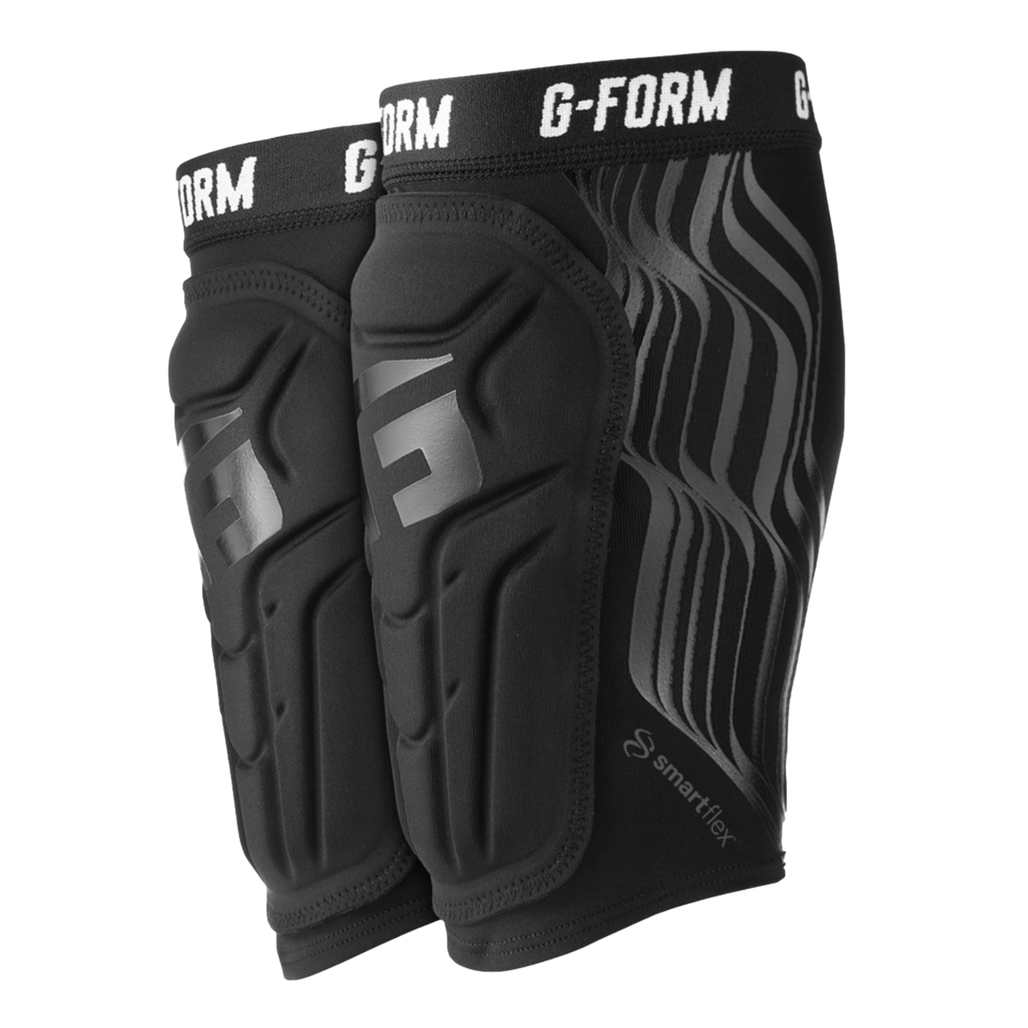 A pair of black G-Form protective pads featuring segmented SmartFlex padding and wavy graphic accents on the sides.