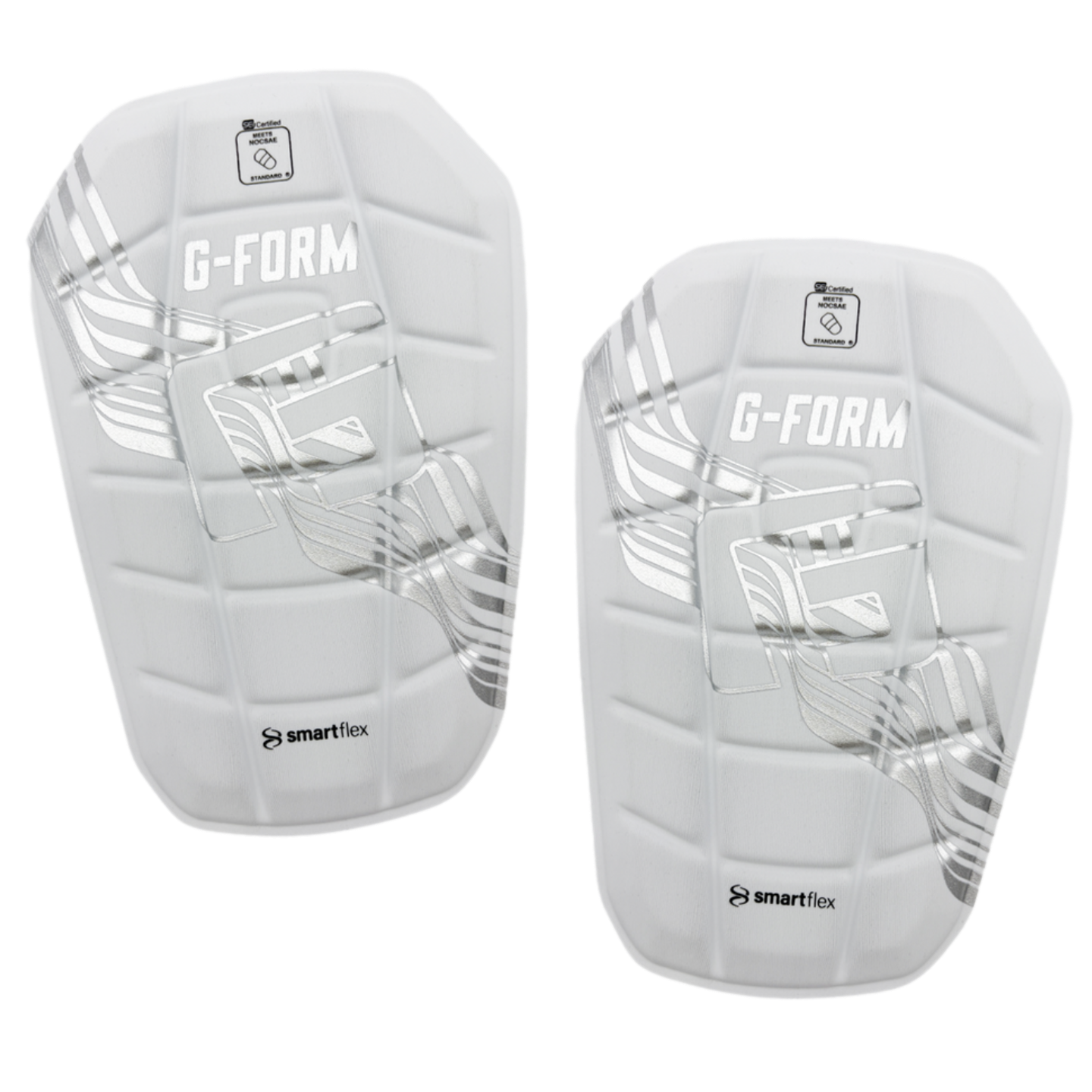 A pair of white G-FORM soccer shin guards with silver metallic graphics and SmartFlex branding.