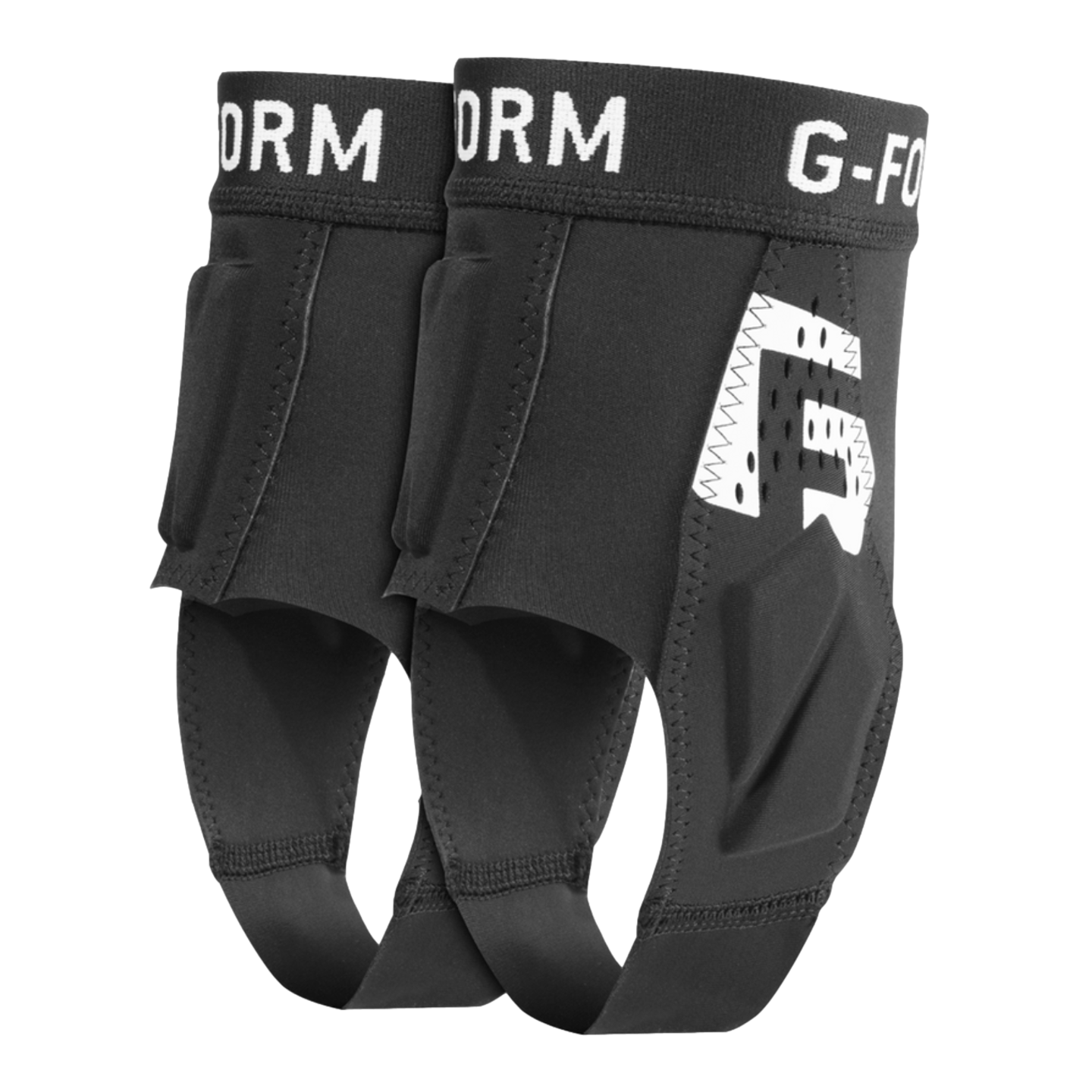 A pair of black G-Form ankle guards featuring protective padding, stirrup-style heel straps, and white branding on the elastic top band.