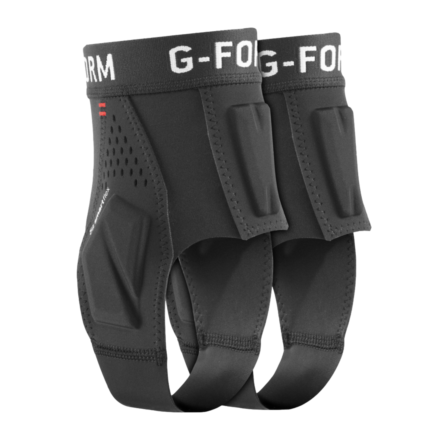 A pair of black G-Form protective ankle guards featuring impact-absorbing pads on the sides and stirrup straps.