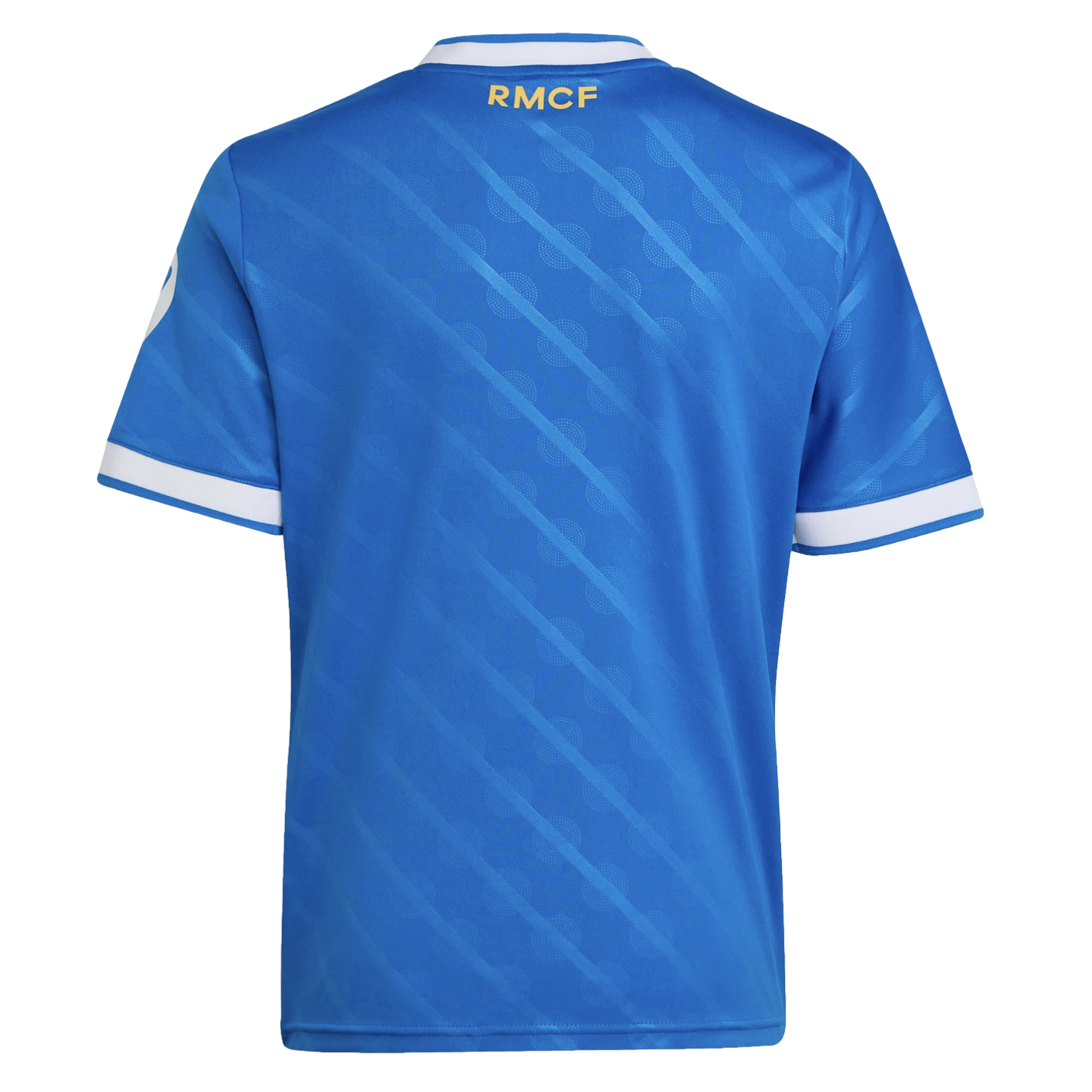 Back view of a blue Real Madrid soccer jersey with subtle diagonal stripes, white trim on the sleeves and collar, and gold "RMCF" lettering on the upper back.