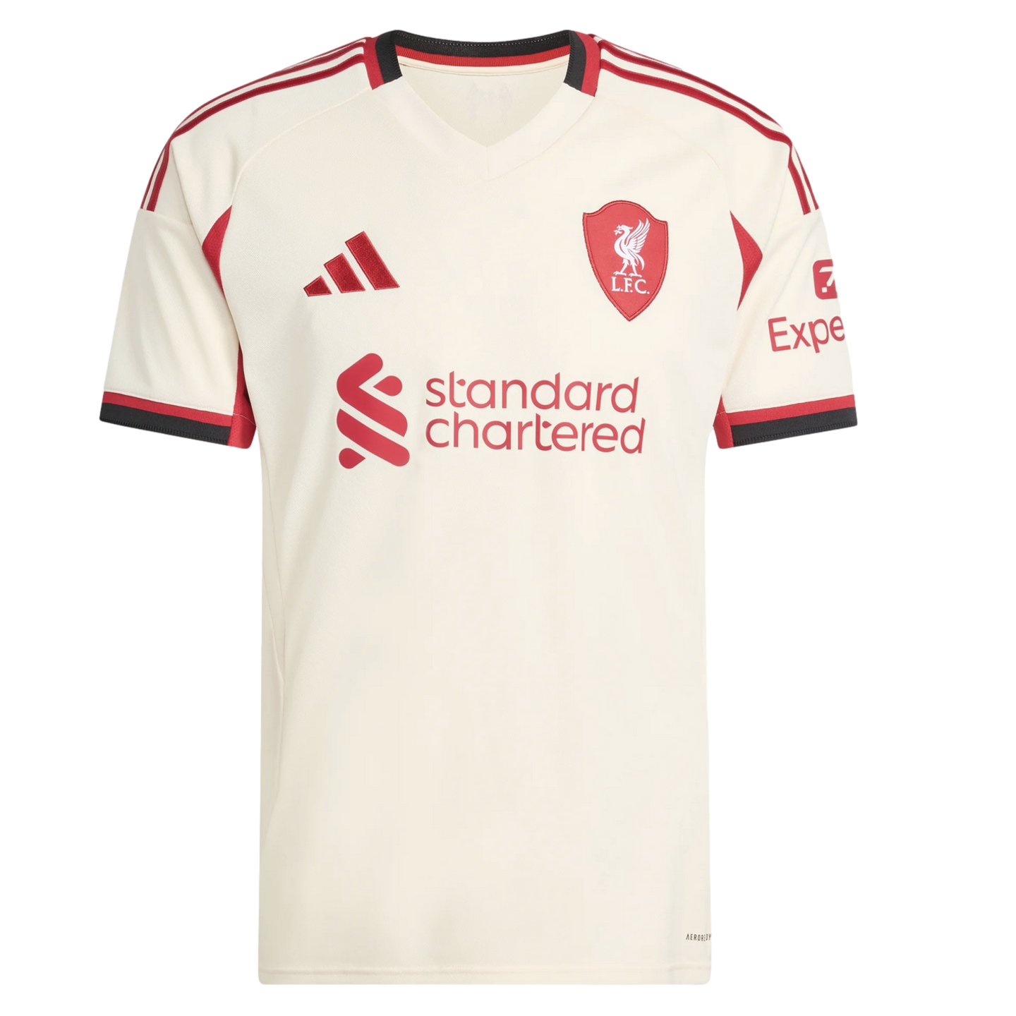 Cream Liverpool F.C. football jersey with red and black trim. Features the Adidas logo, team crest, and Standard Chartered sponsor logo on the front.