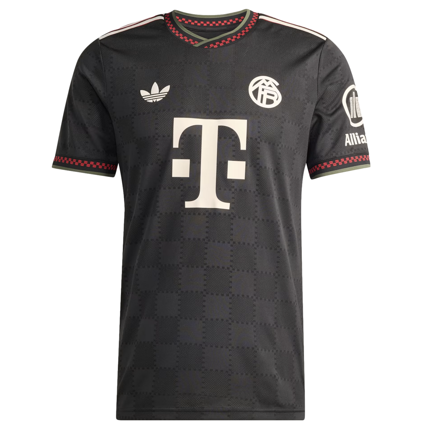 Dark grey Adidas FC Bayern Munich jersey with white logos and a subtle checkered pattern. It features decorative red and green trim on the collar and sleeve cuffs.