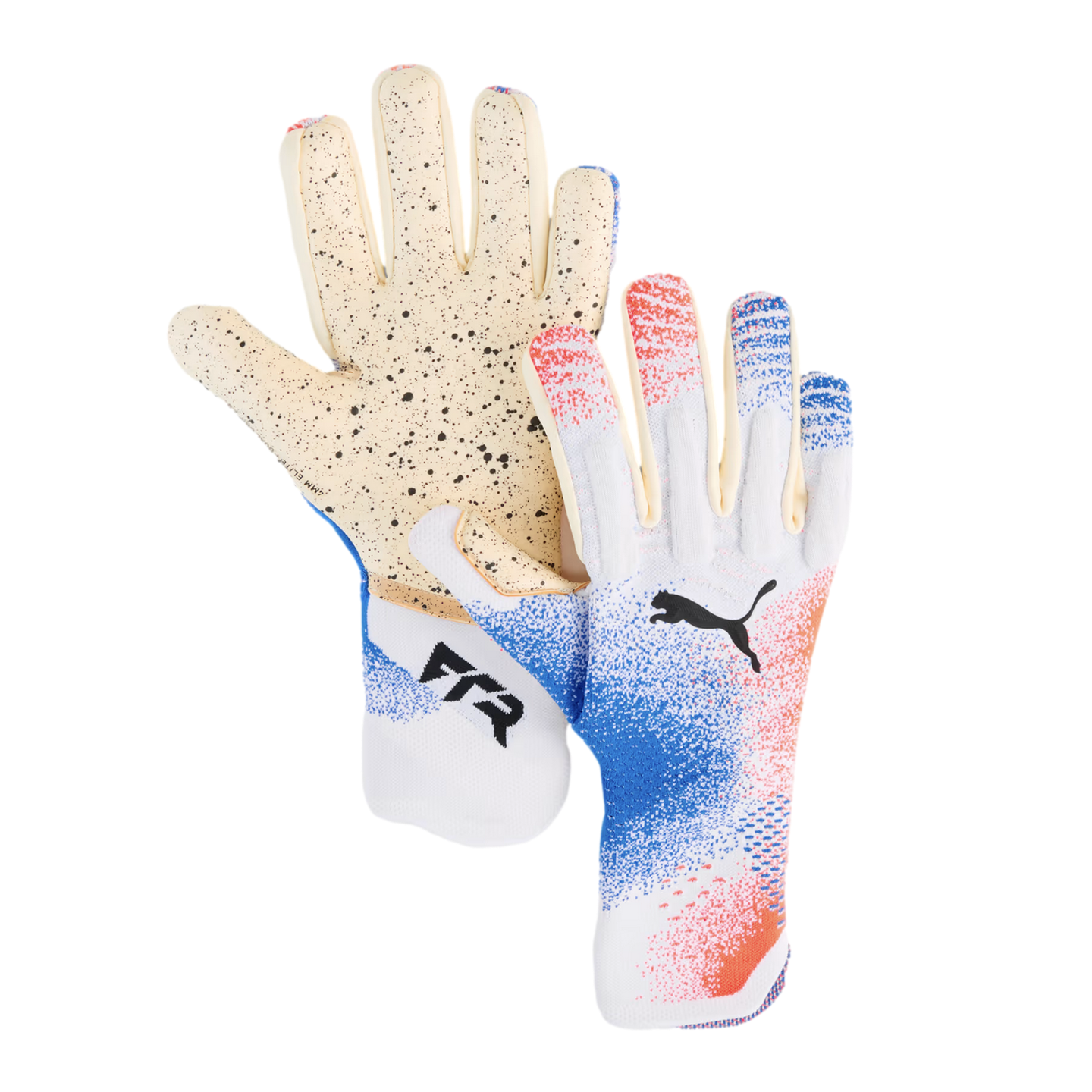 White Puma goalkeeper gloves with blue and red pixelated spray designs. One glove shows the speckled cream palm, the other shows the black Puma logo.