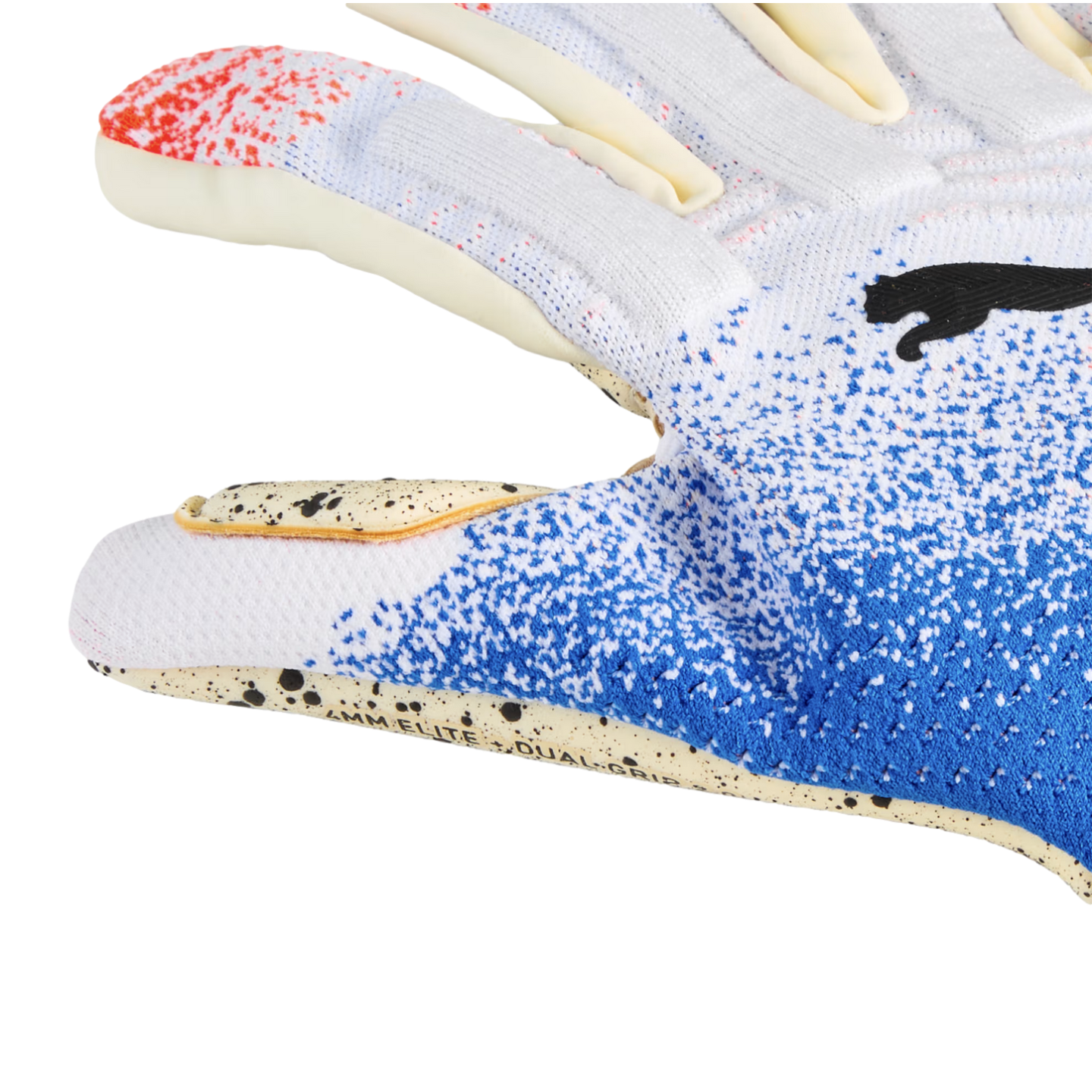 Close-up of a Puma goalkeeper glove with a white and blue speckled knit backhand and a cream-colored palm with black speckles and "4MM ELITE + DUAL GRIP" text.