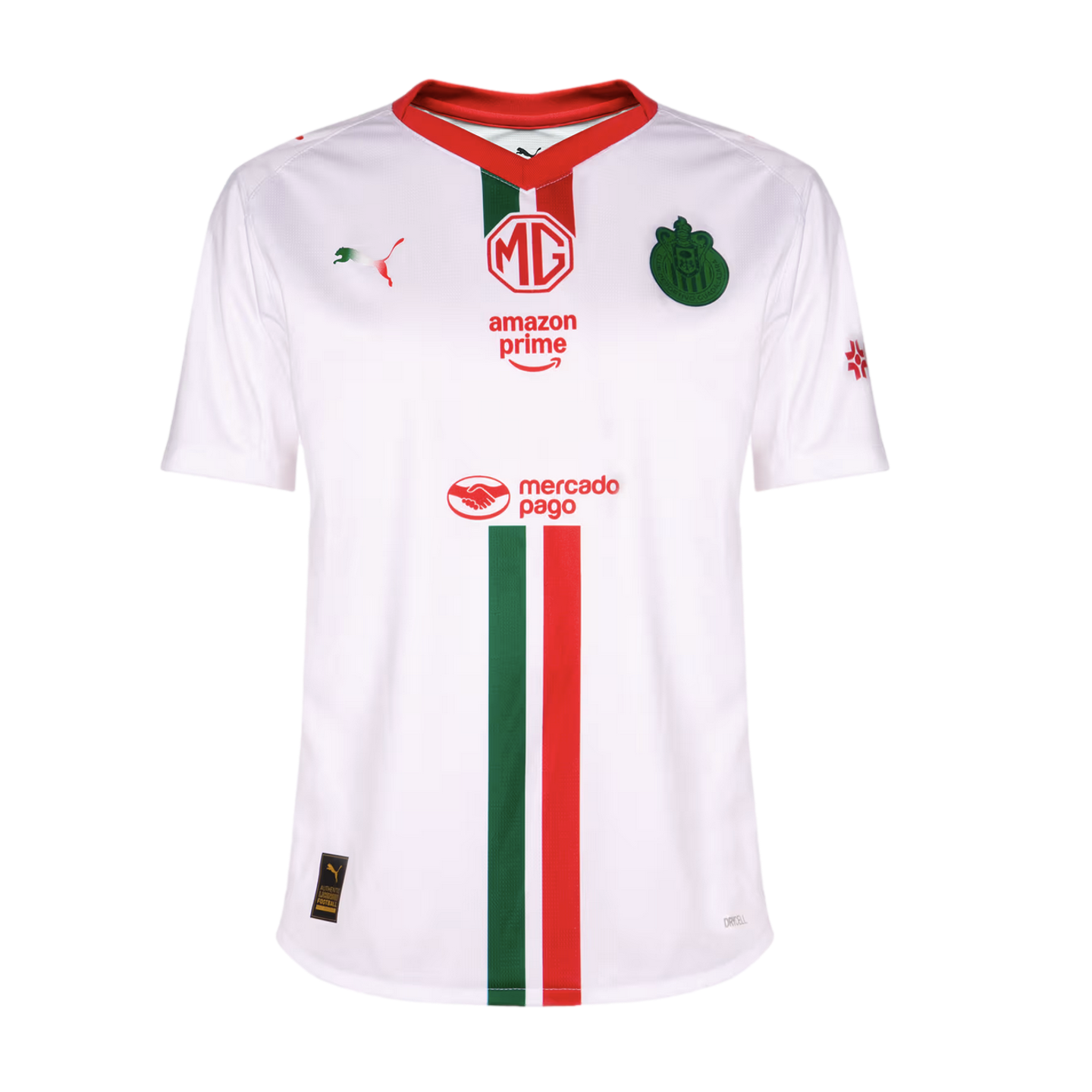 A white Puma soccer jersey for Chivas Guadalajara, featuring red and green accents and sponsor logos for MG, Amazon Prime, and Mercado Pago.