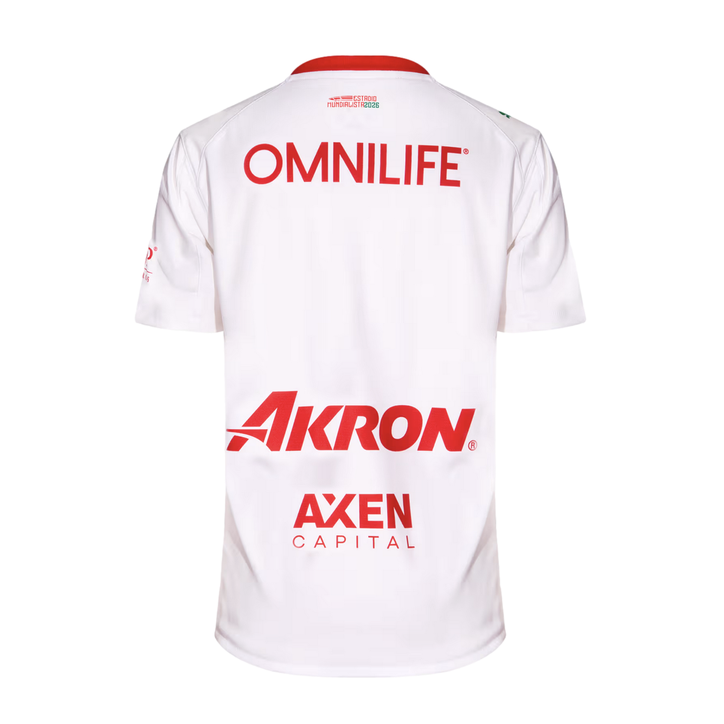 Back of a white soccer jersey with red sponsor logos for OMNILIFE, Akron, and AXEN CAPITAL. Small text at the neck reads "ESTADIO MUNDIALISTA 2026".
