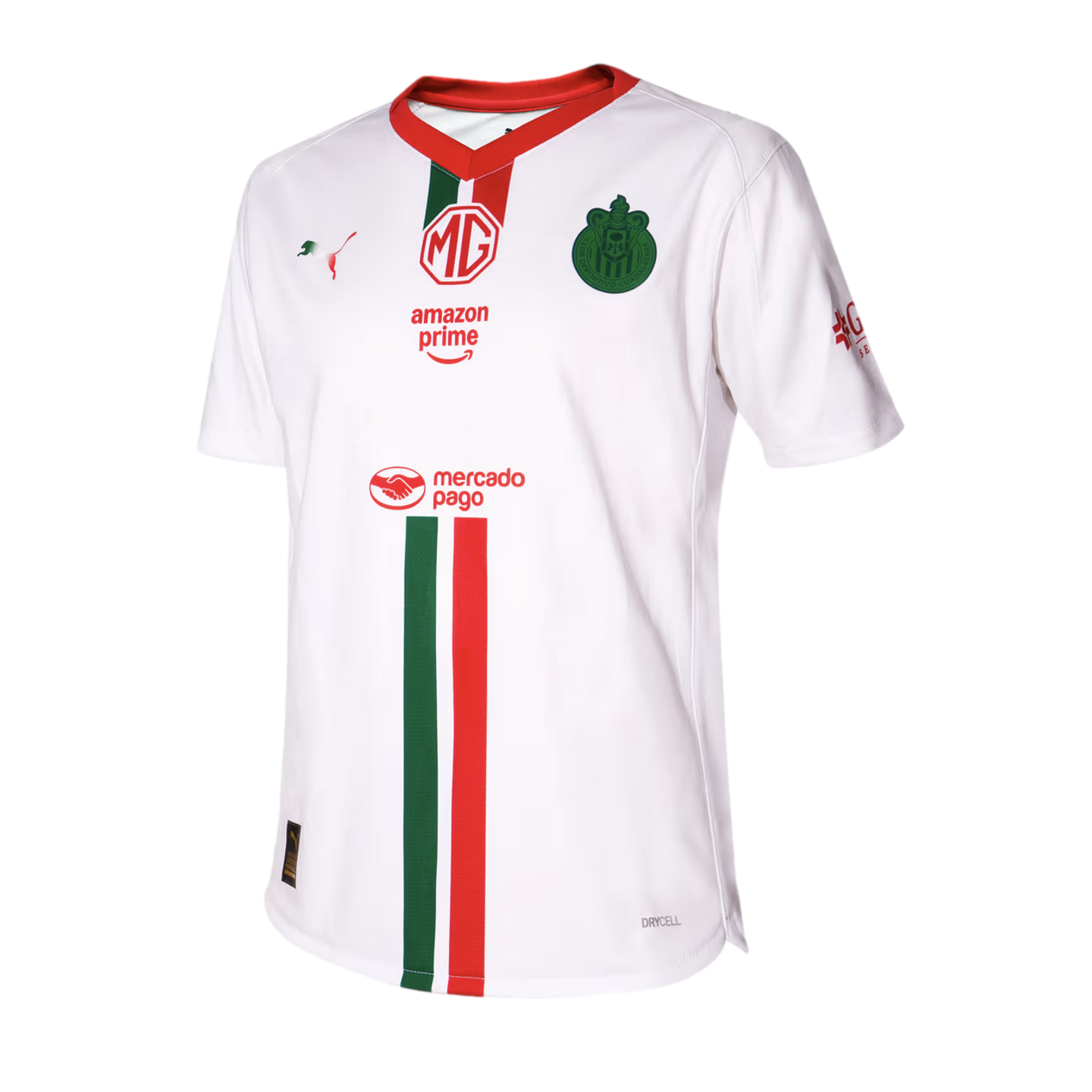 White Chivas soccer jersey featuring green and red vertical stripes and logos for MG, Amazon Prime, Mercado Pago, and Puma. Red V-neck collar.