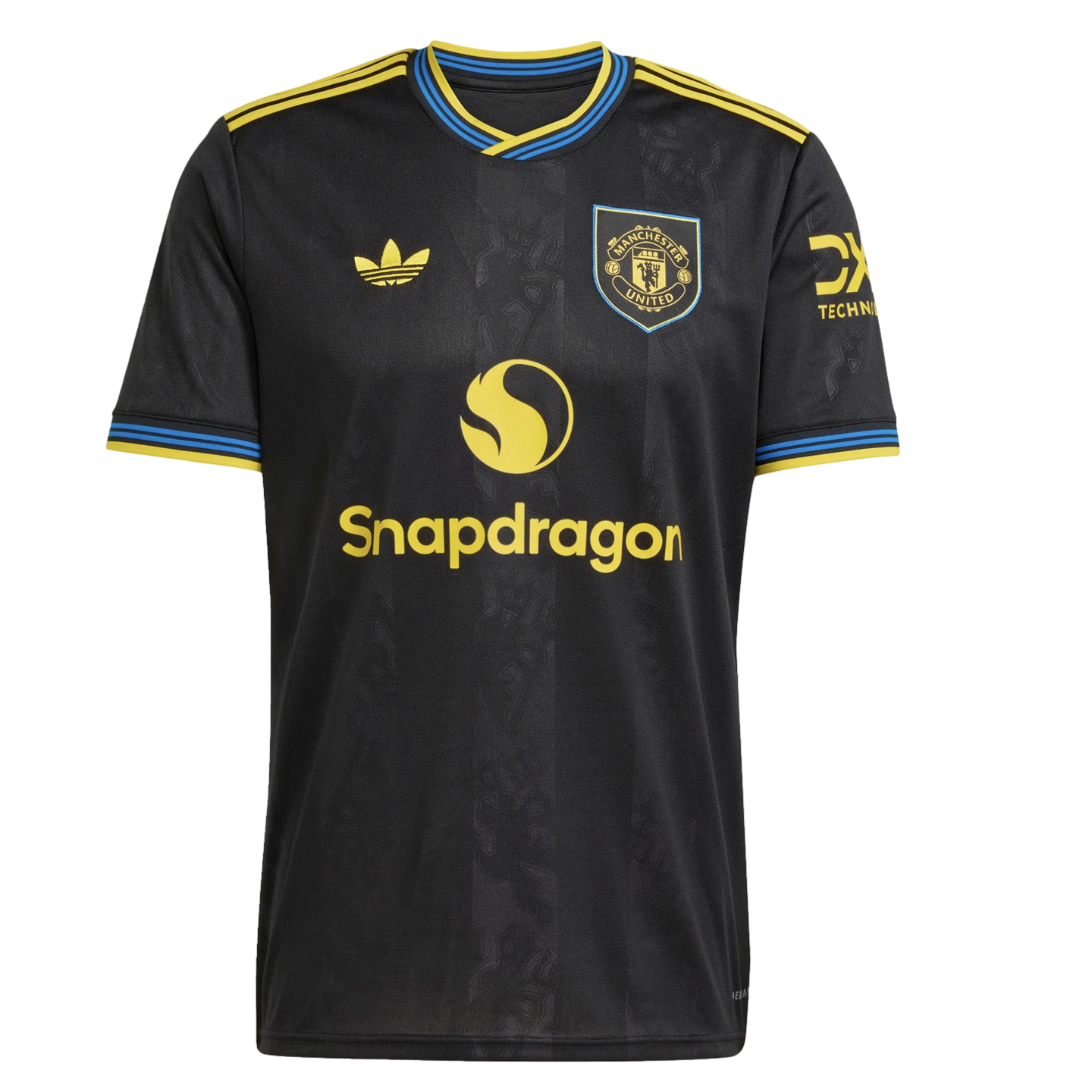 Black Manchester United football jersey with yellow and blue trim. Features the Snapdragon sponsor logo, Adidas trefoil, and club crest on a subtly patterned black fabric.