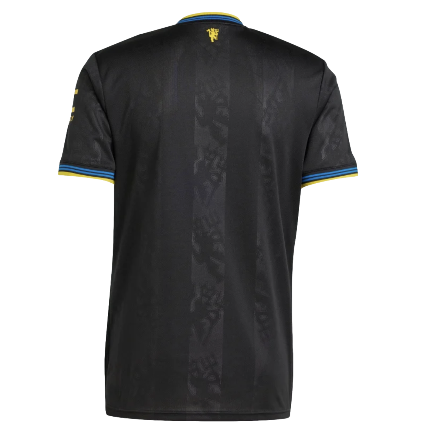 Back view of a black Manchester United football jersey with subtle vertical stripes, embossed tonal devil patterns, and yellow and blue trim on the collar and sleeve cuffs.