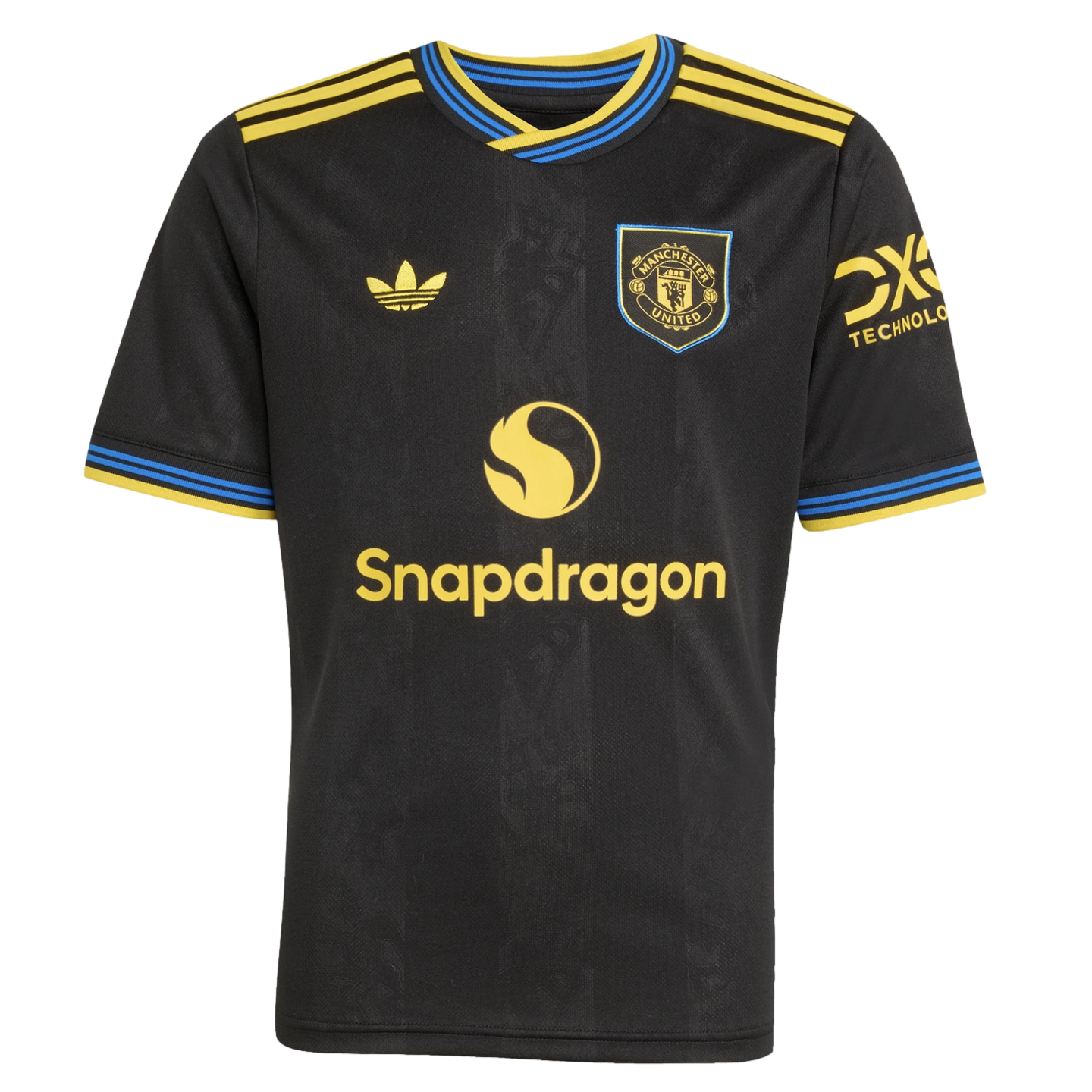 Manchester United black soccer jersey featuring gold Adidas Trefoil logo, club crest, and Snapdragon sponsor. The collar and sleeves have gold and blue striped trim.