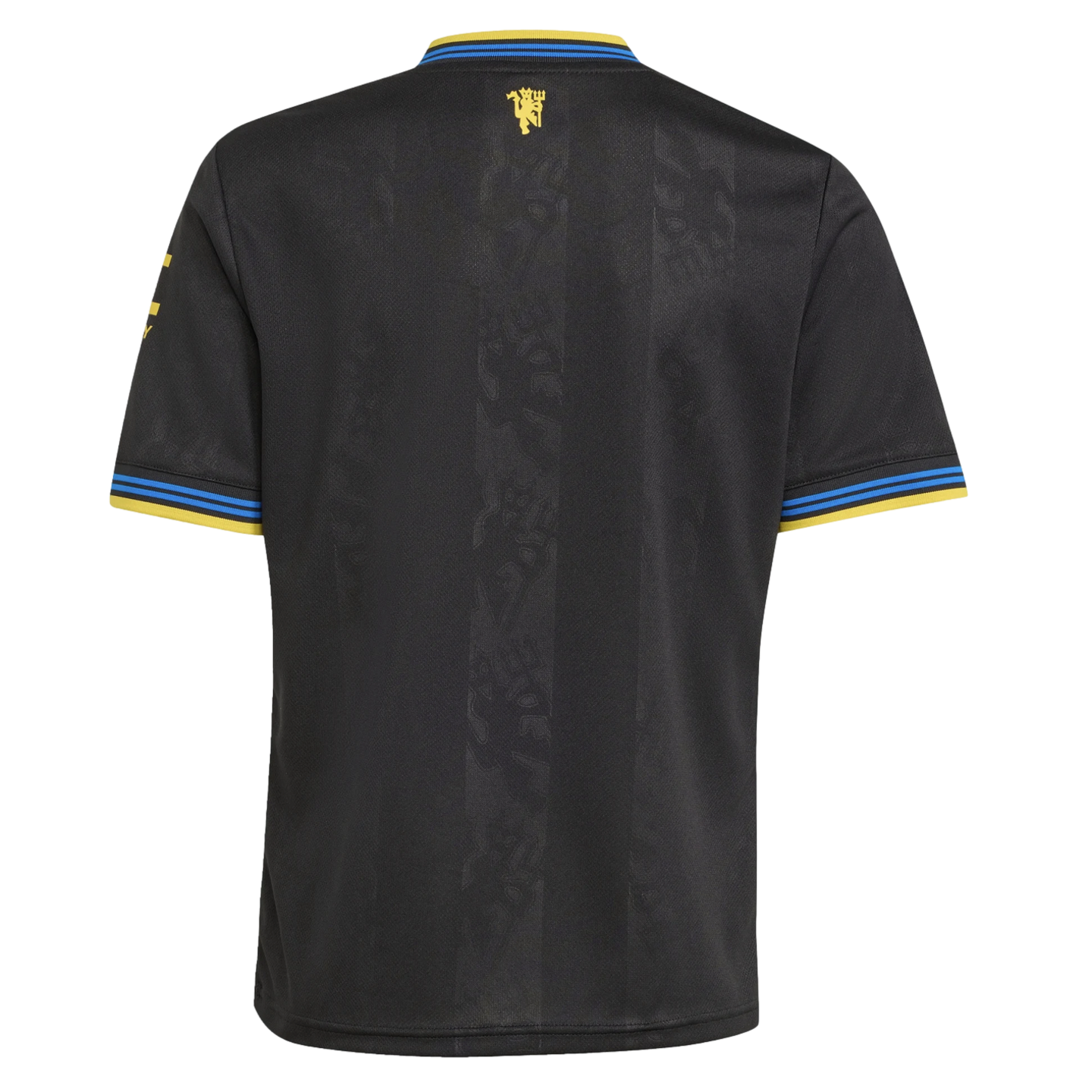 Back view of a black jersey featuring blue and yellow striped trim on the collar and sleeves, a subtle tonal vertical pattern, and a small yellow logo below the neck.
