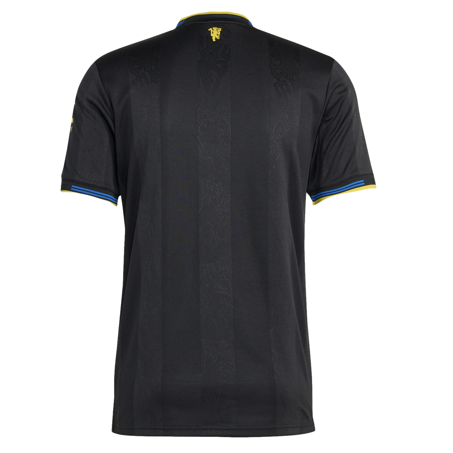 Back view of a black soccer jersey with yellow and blue trim on the collar and sleeves. It features subtle tonal patterns and a small yellow crest at the nape of the neck.