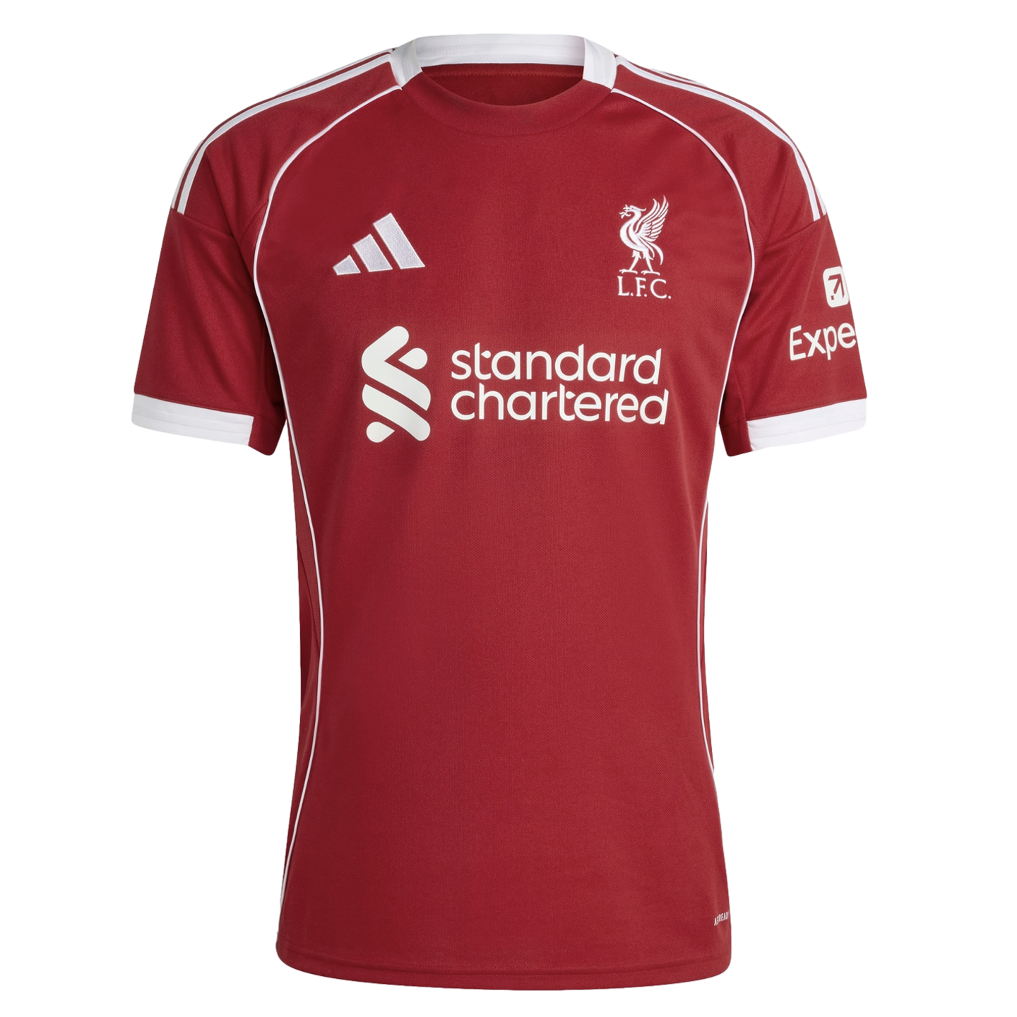 A red Liverpool FC football jersey by Adidas featuring white piping, the club's Liver Bird crest, and the Standard Chartered sponsor logo in white.