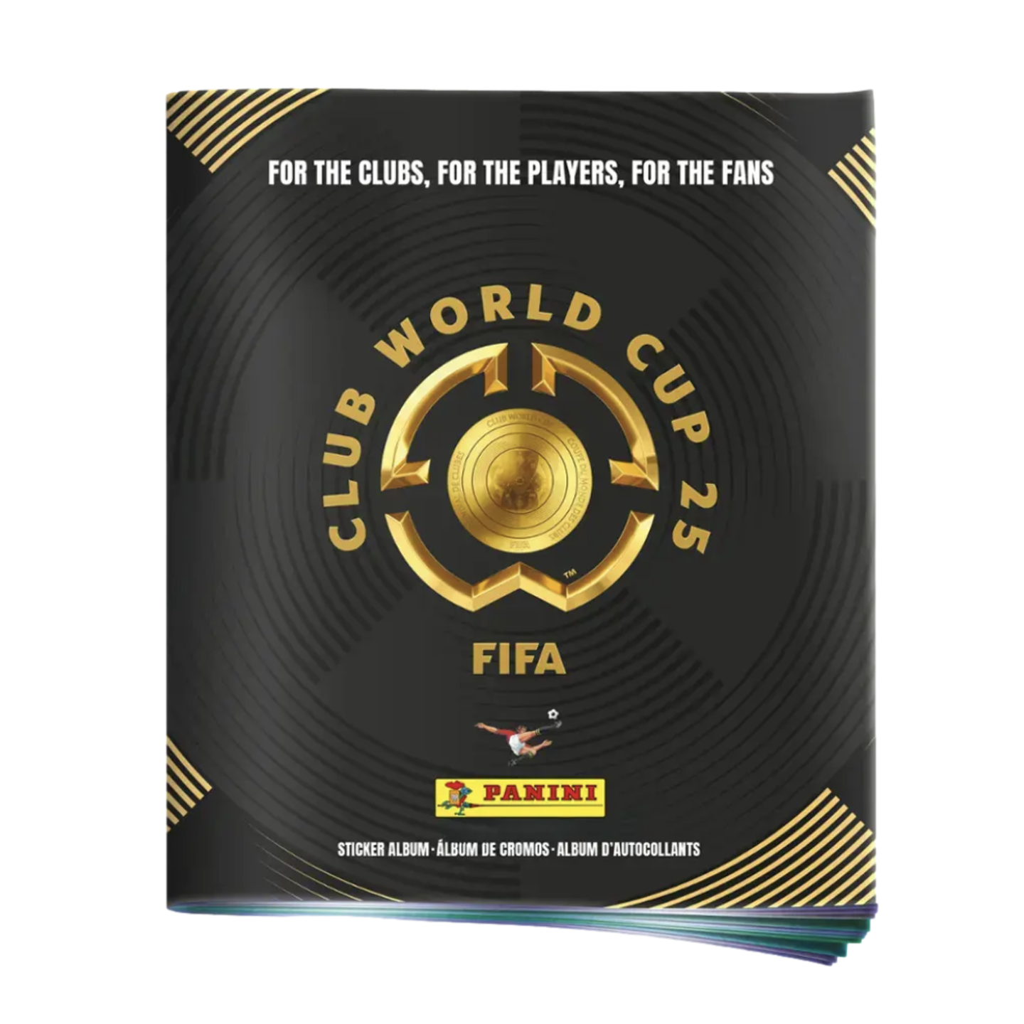 Black and gold Panini sticker album cover for the FIFA Club World Cup 25, featuring the tournament logo and slogan.