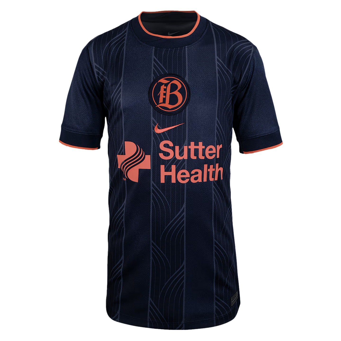 Bay FC navy blue Nike jersey with peach accents, circular 'B' crest, and Sutter Health sponsor logo. Tonal vertical patterns decorate the front.