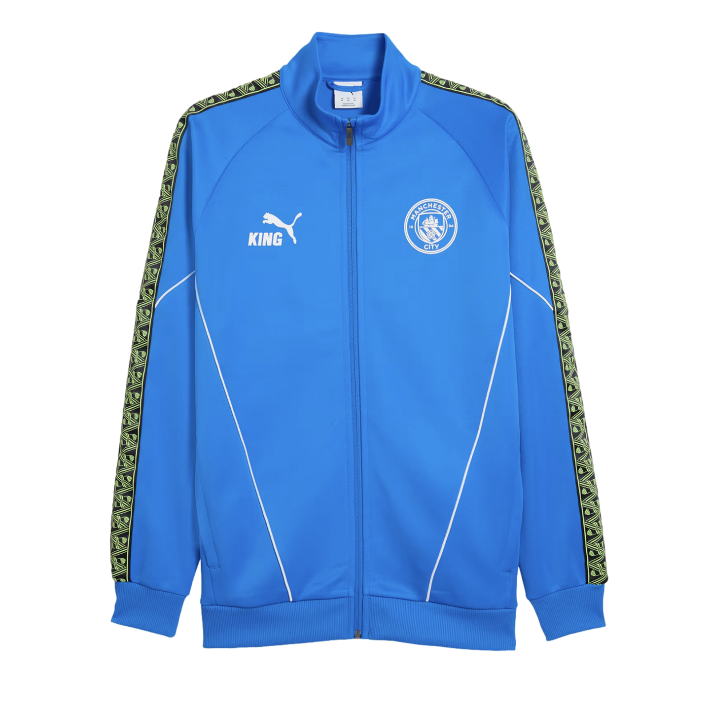 Blue Manchester City track jacket with a full zip, white piping, and club crest. Features a Puma logo and decorative patterned tape running down the sleeves.
