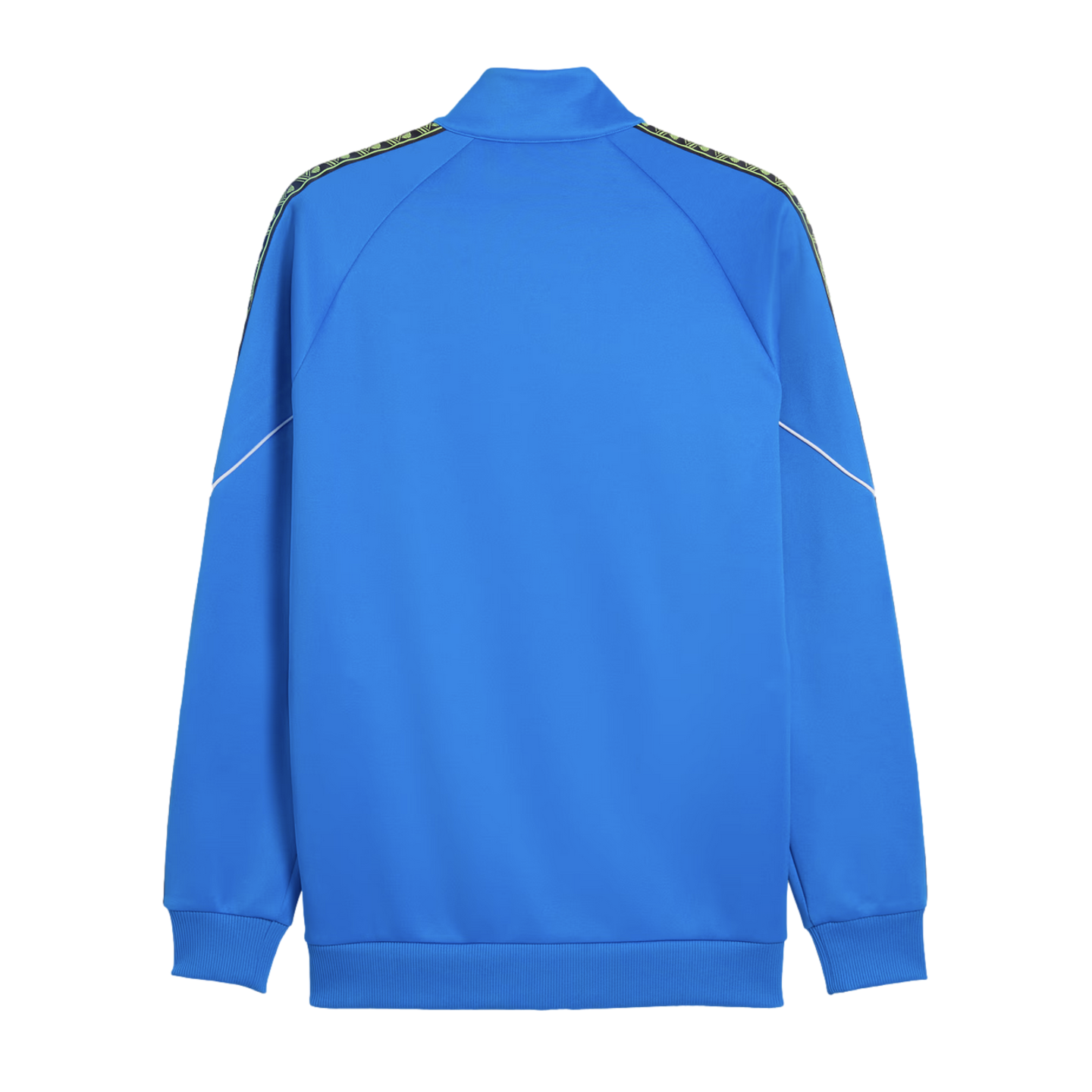Back view of a blue track jacket featuring patterned shoulder tape, thin white sleeve accents, and ribbed trim, shown against a black background.