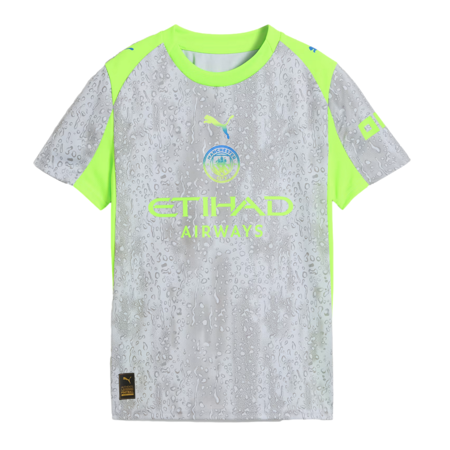 Manchester City football jersey with a gray water-droplet pattern and neon green accents. Features Puma logo, iridescent club crest, and Etihad Airways sponsor logo.