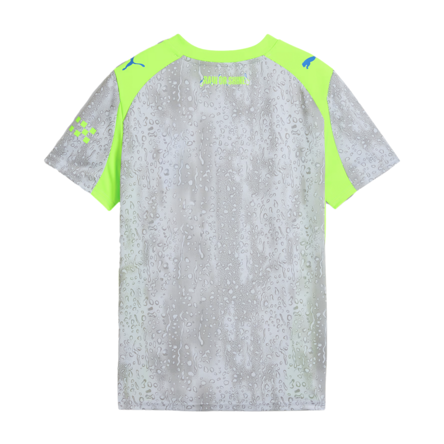 Back view of a grey Puma t-shirt with a water droplet pattern, neon yellow shoulder panels, blue logos, and "RAIN OR SHINE" printed on the upper back.