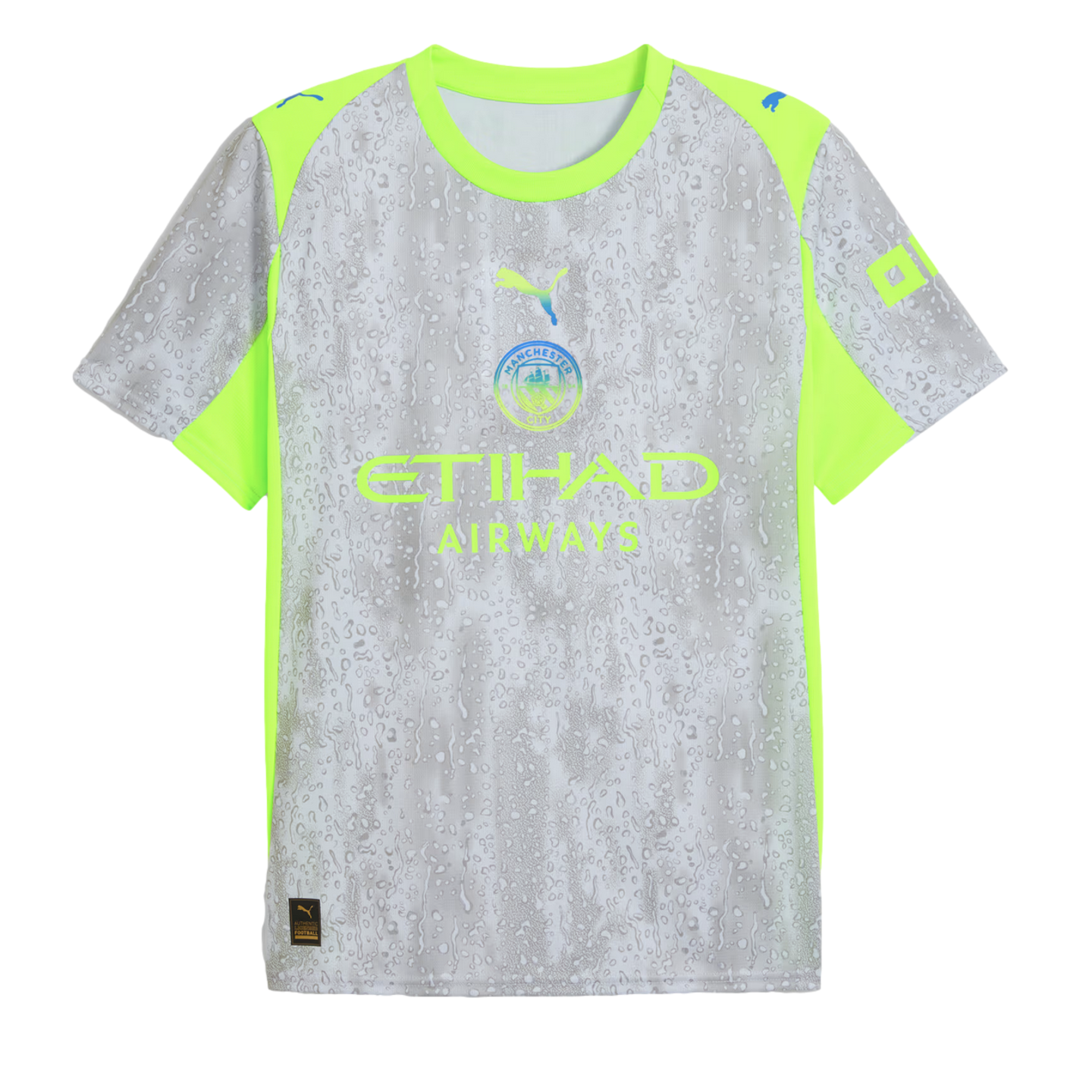 A silver Manchester City soccer jersey featuring a water droplet pattern, neon yellow accents on the shoulders and sides, and the Puma and Etihad Airways logos.