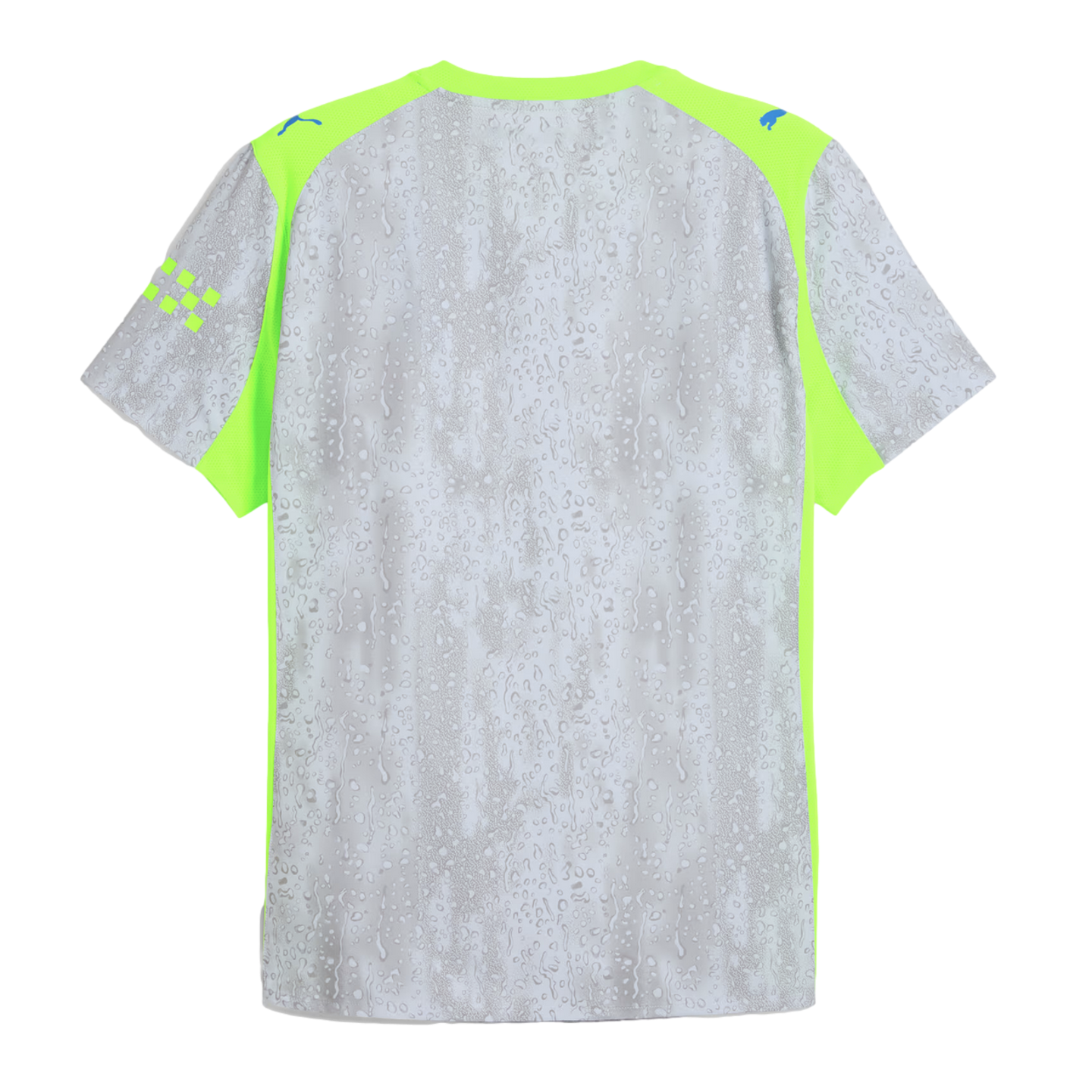 Back view of a grey short-sleeve Puma sports jersey with a rain-droplet pattern, neon green shoulder and side panels, and blue Puma logos on the shoulders.