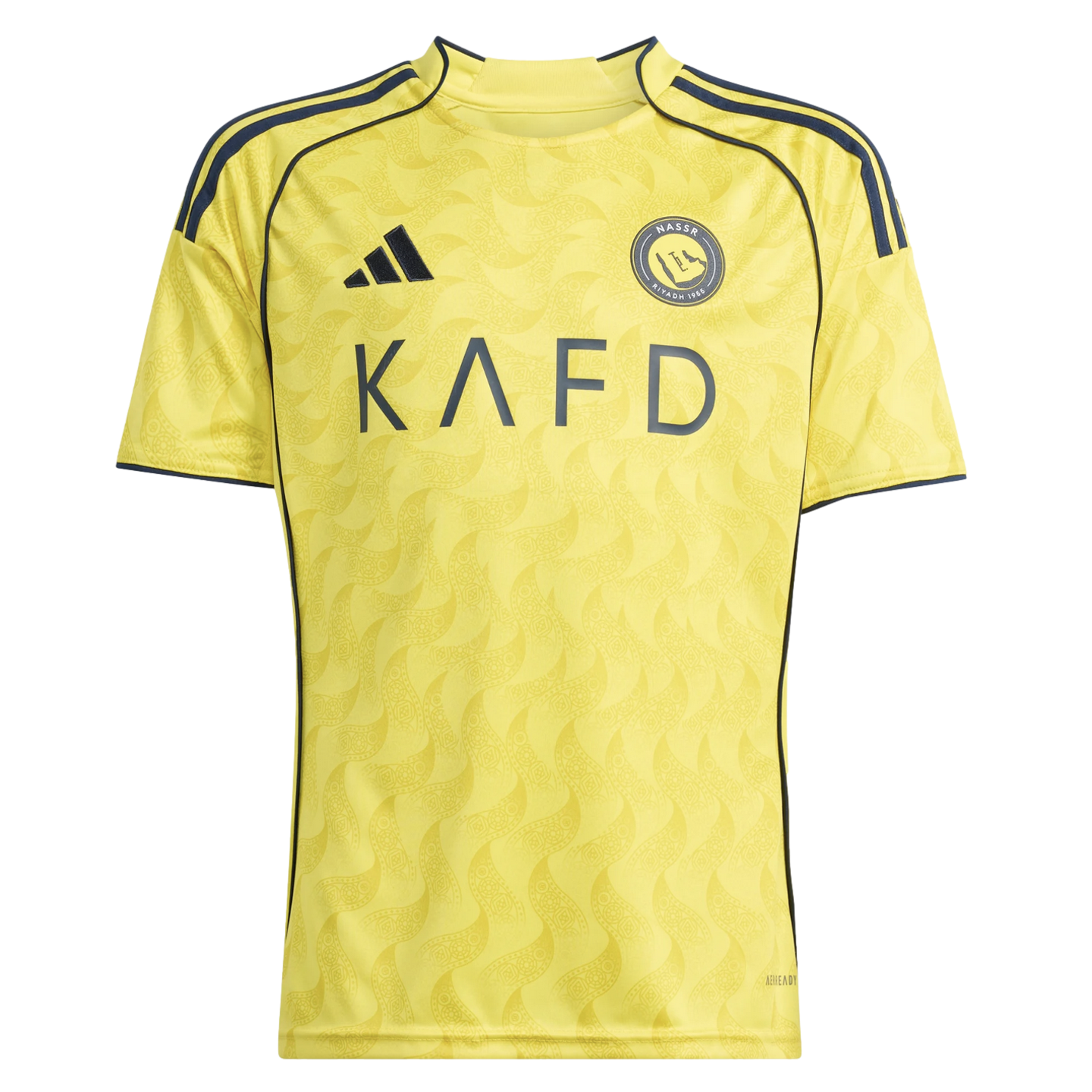 Yellow Al-Nassr FC jersey featuring a tonal wavy pattern, black Adidas logo, club crest, and 'KAFD' sponsor. Accented with black shoulder stripes and side piping.