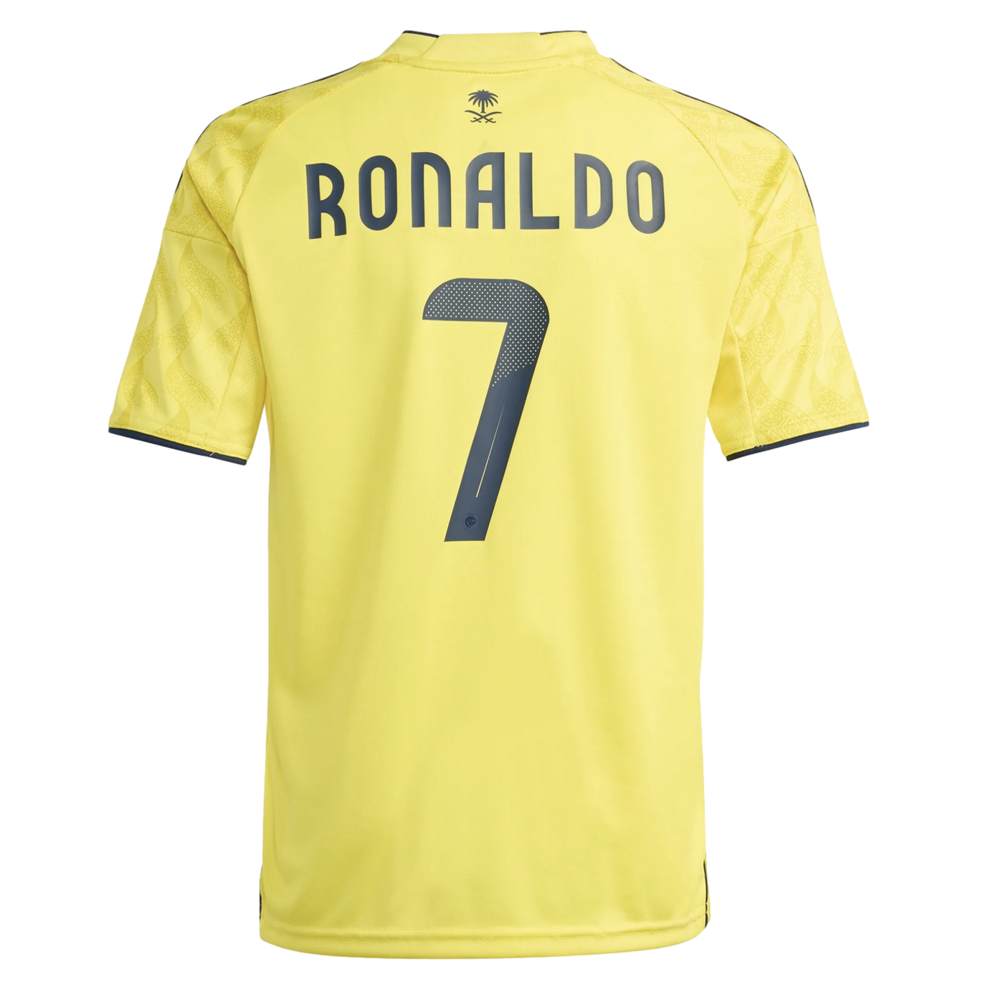 Back of a yellow soccer jersey featuring the name "RONALDO" and the number "7" in dark blue. A small palm tree logo is centered above the name.