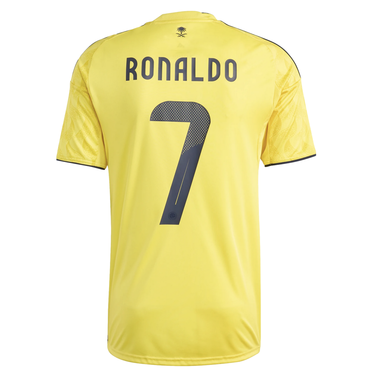 Back view of a yellow soccer jersey with "RONALDO" and the number "7" in dark navy. It features a small palm tree emblem above the name and patterned sleeves.