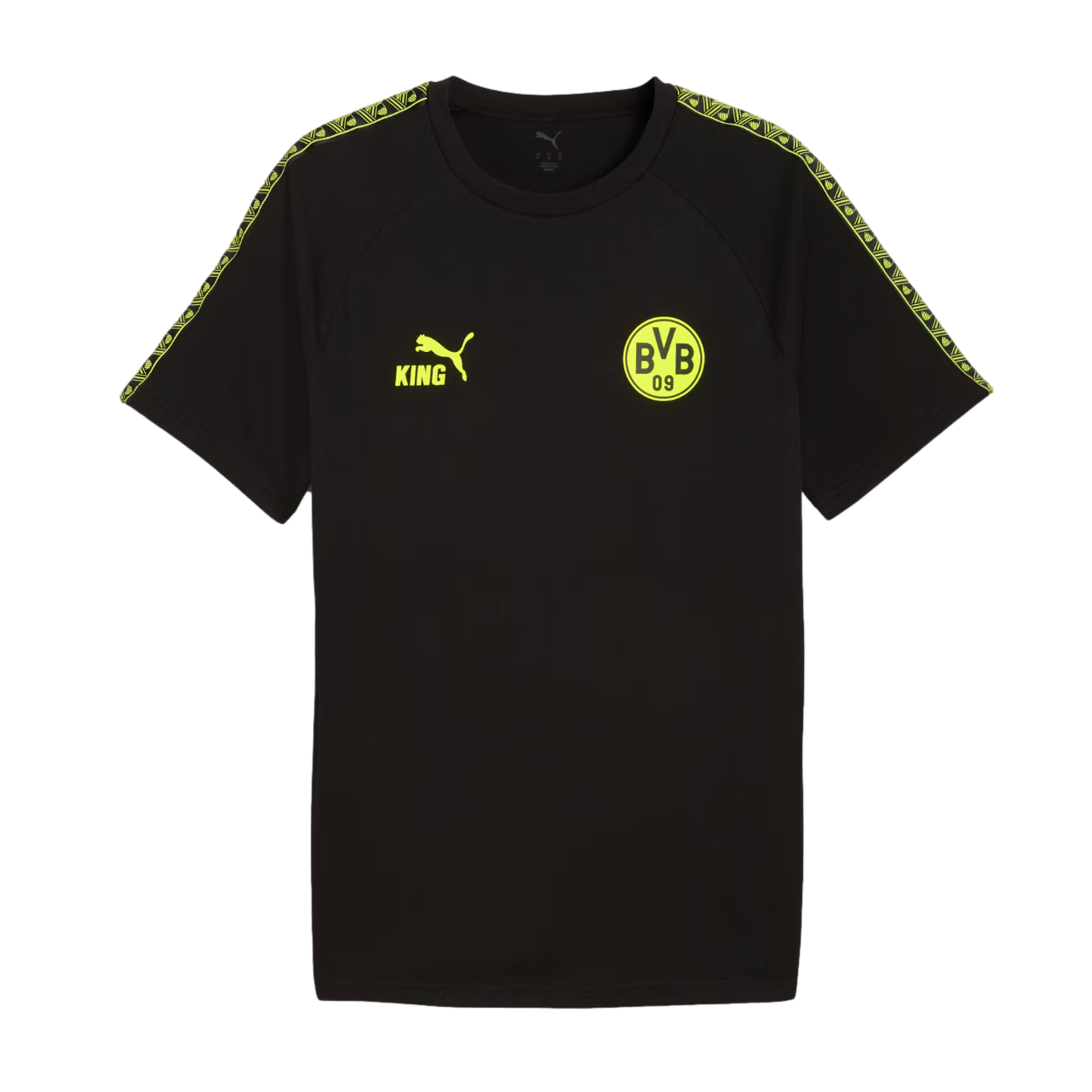 Black short-sleeve shirt featuring neon yellow Puma 'KING' and BVB logos on the chest and patterned neon tape along the shoulders.