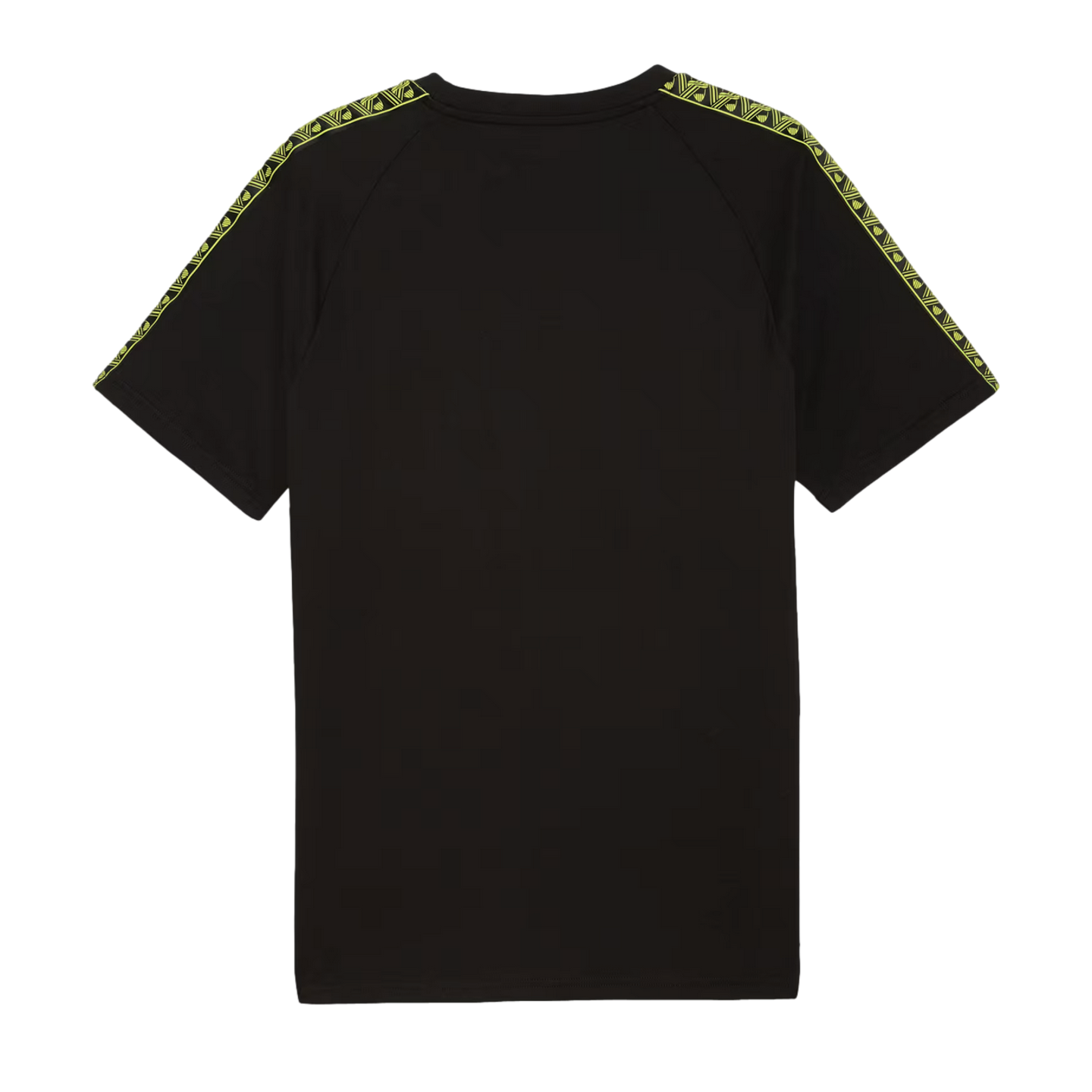 Rear view of a black short-sleeved t-shirt featuring yellow patterned stripes along the shoulders and sleeves.