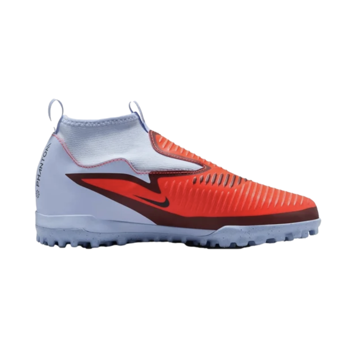 Profile view of a Nike Phantom soccer shoe featuring a white sock collar, orange and red upper, and a light blue textured sole.