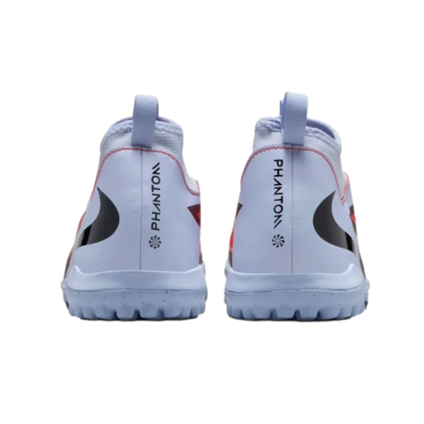 Rear view of two light blue Nike Phantom soccer cleats showing the vertical heel branding and logos against a black background.