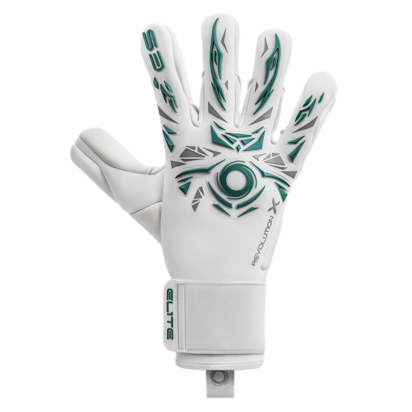 White Elite Sport Revolution X goalkeeper glove with teal and gray geometric patterns on the backhand and a white wrist strap.
