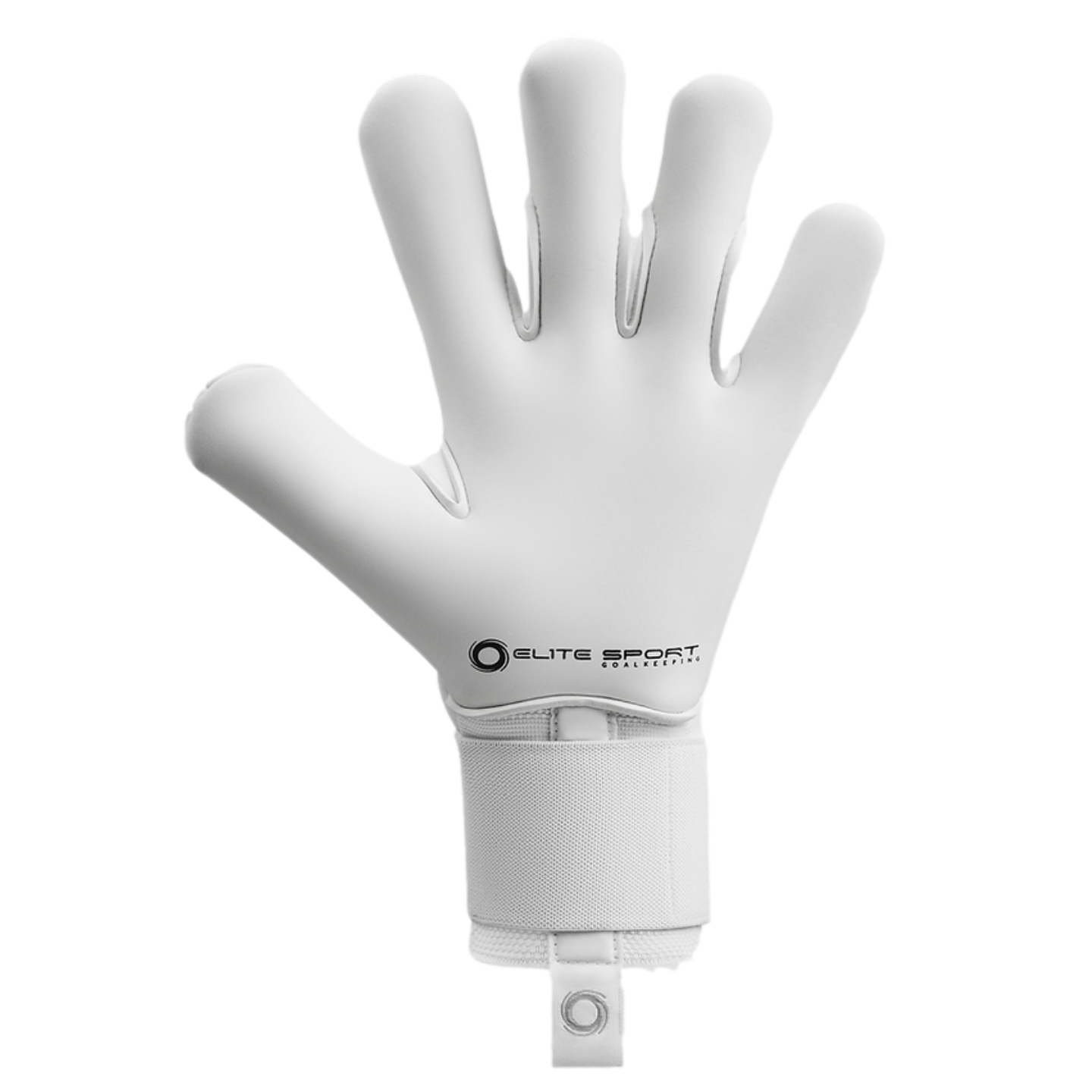 Palm view of an all-white Elite Sport goalkeeper glove against a black background, featuring white latex and a branded wrist strap.
