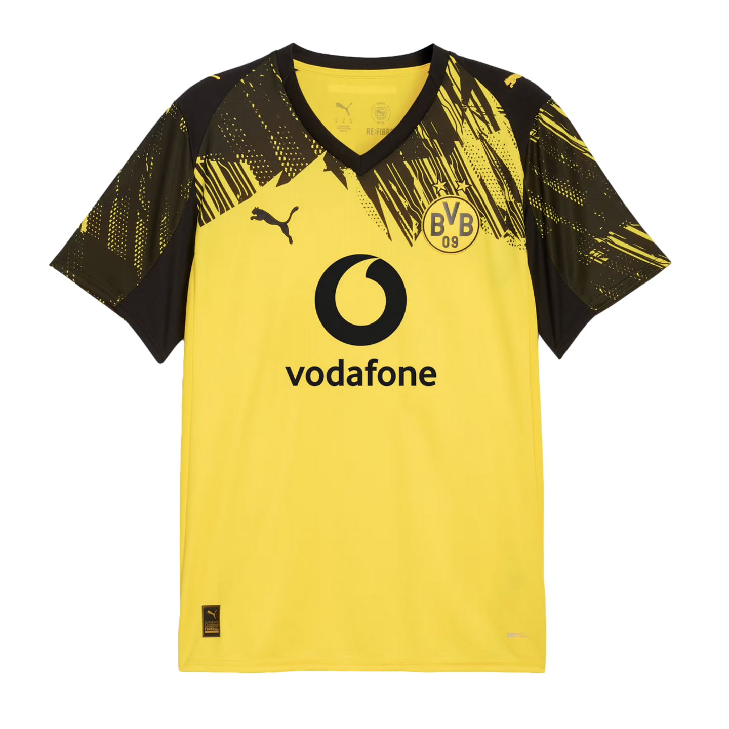 Yellow and black Puma Borussia Dortmund soccer jersey featuring the BVB crest, Vodafone sponsor logo, and abstract graphic patterns on the shoulders.