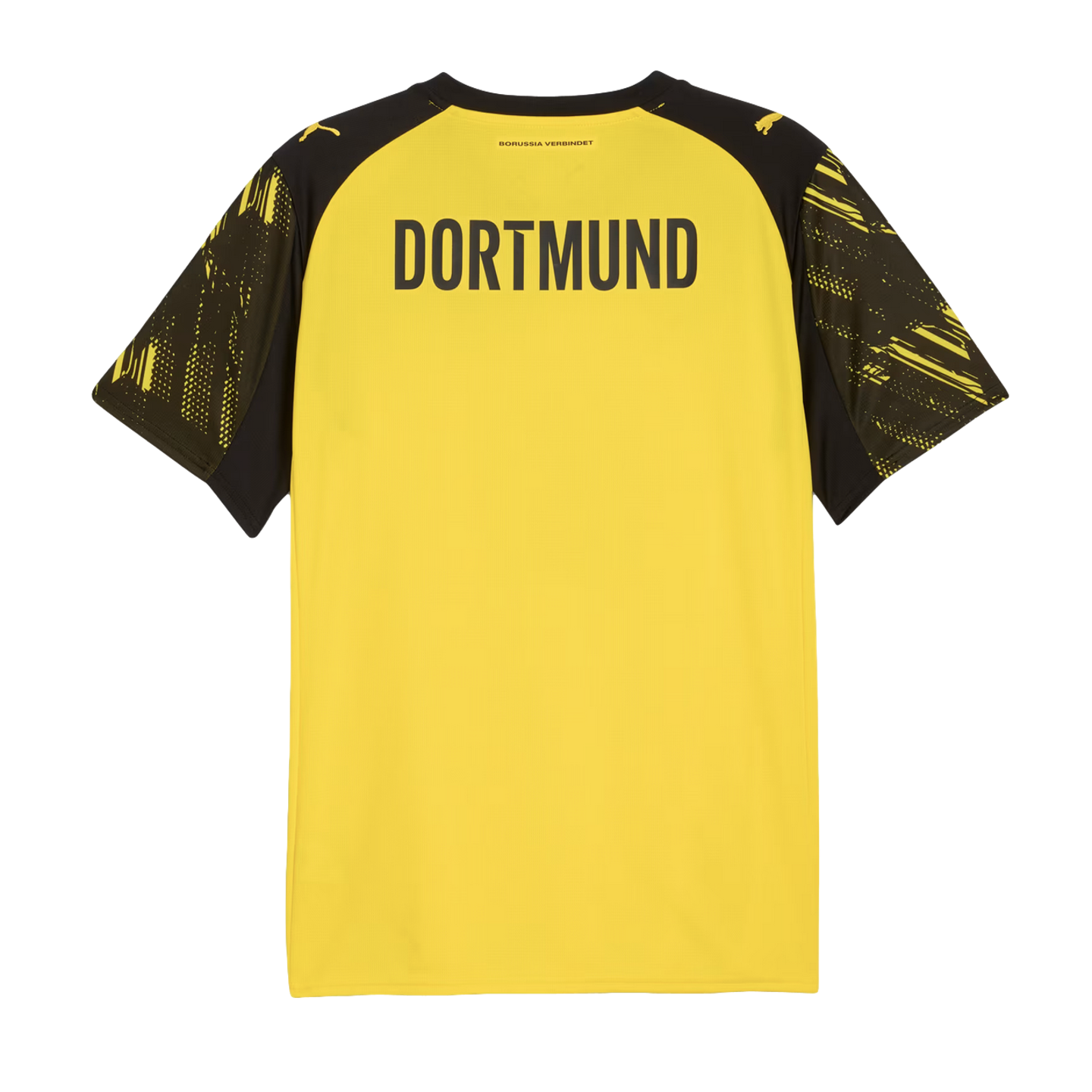 Back of a yellow football jersey with "DORTMUND" in bold black text across the shoulders and patterned black sleeves.