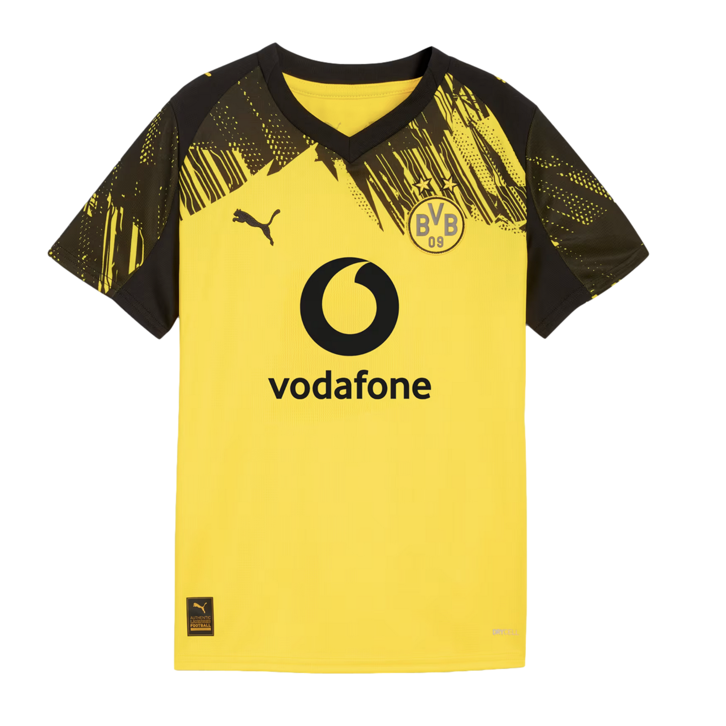 A yellow and black Puma Borussia Dortmund soccer jersey with a Vodafone sponsor logo and patterned sleeves.