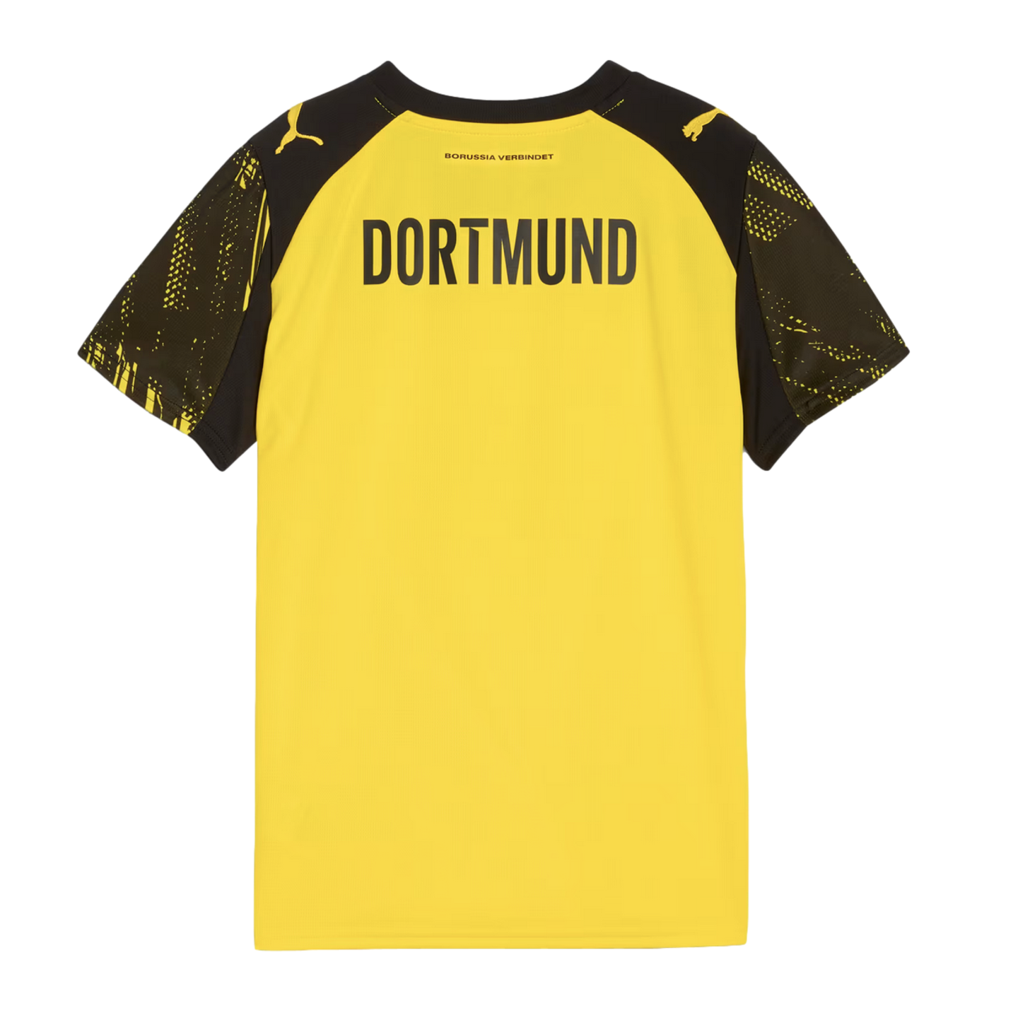 Back of a yellow Borussia Dortmund soccer jersey with black patterned sleeves and "DORTMUND" printed in bold black text.