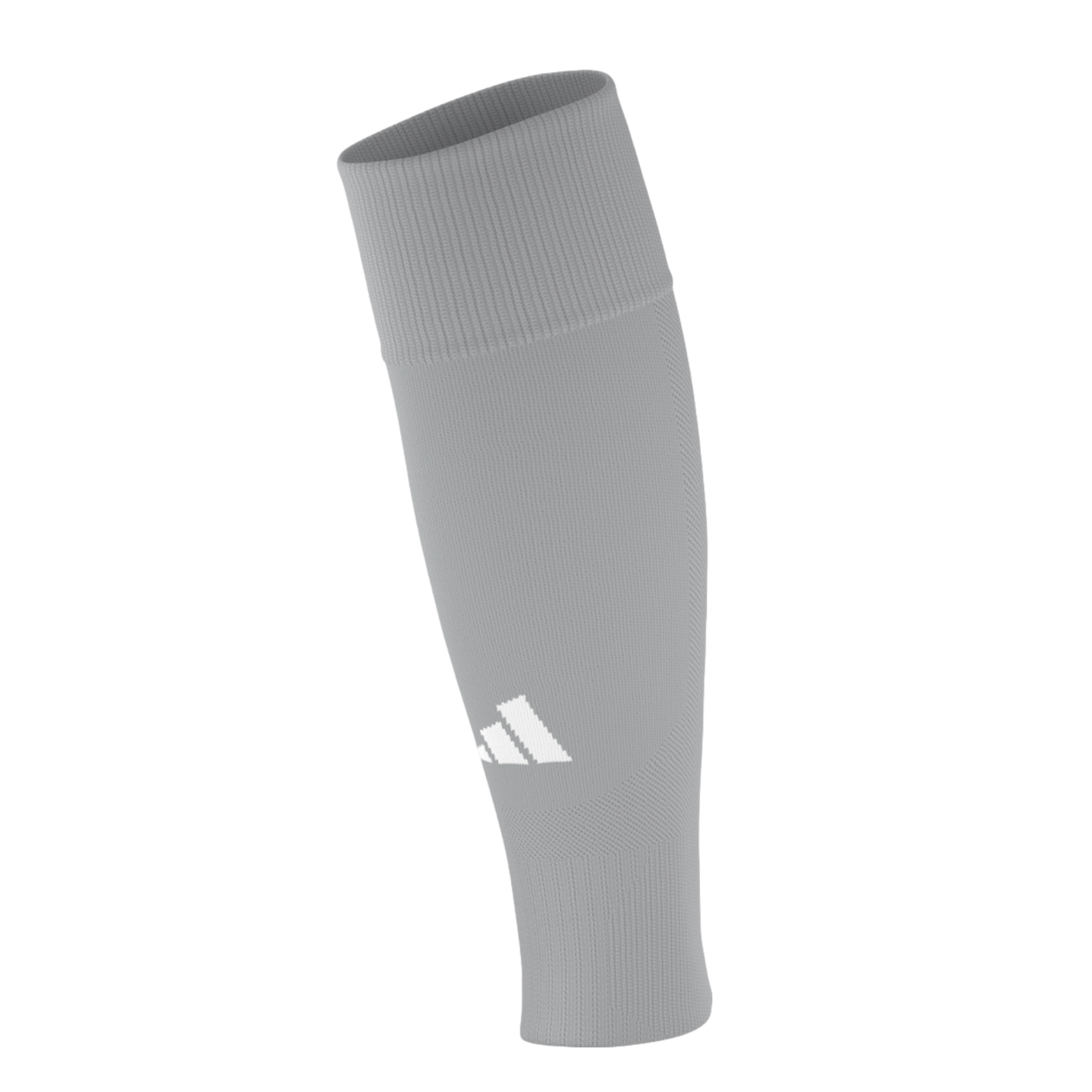 A grey Adidas calf sleeve with a white 3-bar logo and ribbed top band, set against a black background.
