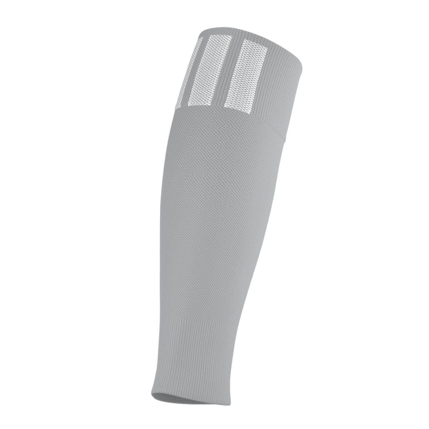 A light grey athletic sock with three white vertical stripes on the upper ribbed band, isolated on a black background.
