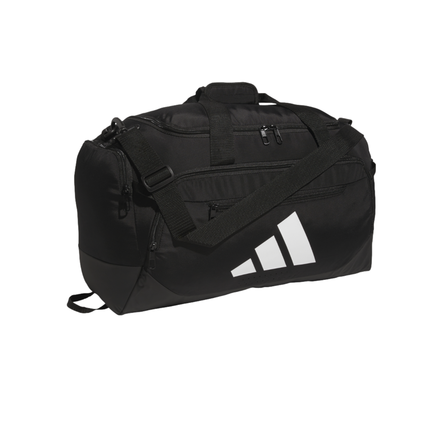 A black Adidas duffel bag featuring a large white three-stripe logo on the side, dual carry handles, and an adjustable shoulder strap.